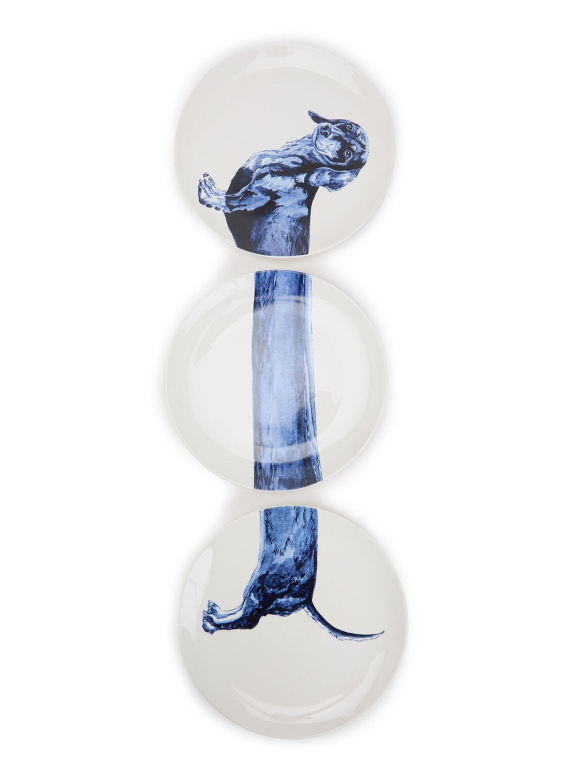Heinen Delfts Blauw Teckel drieluik wandbord 26 cm 3-delig  - voorkant blauw