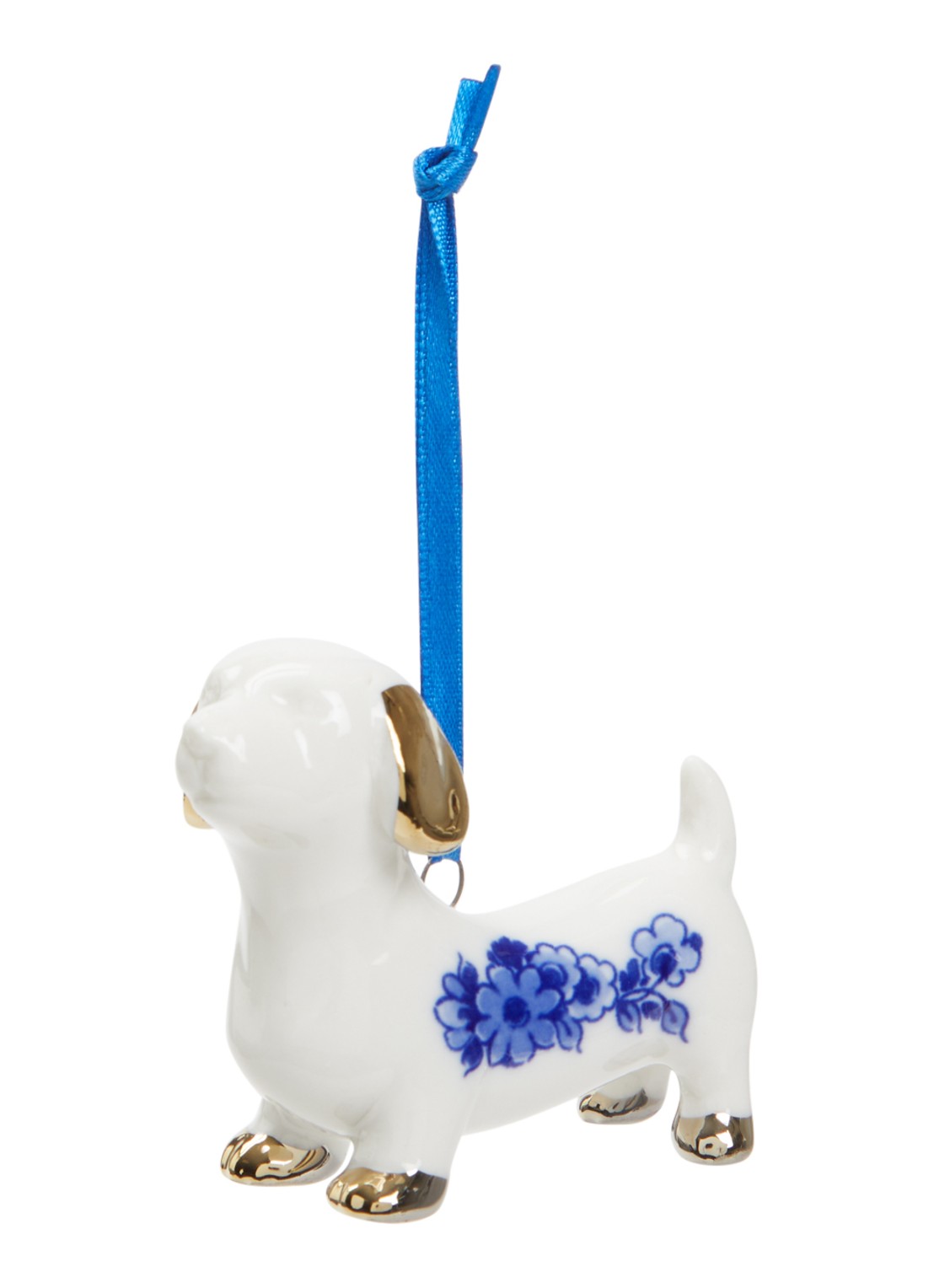 Heinen Delfts Blauw Teckel kersthanger 5,5 cm - voorkant 2 gebroken wit