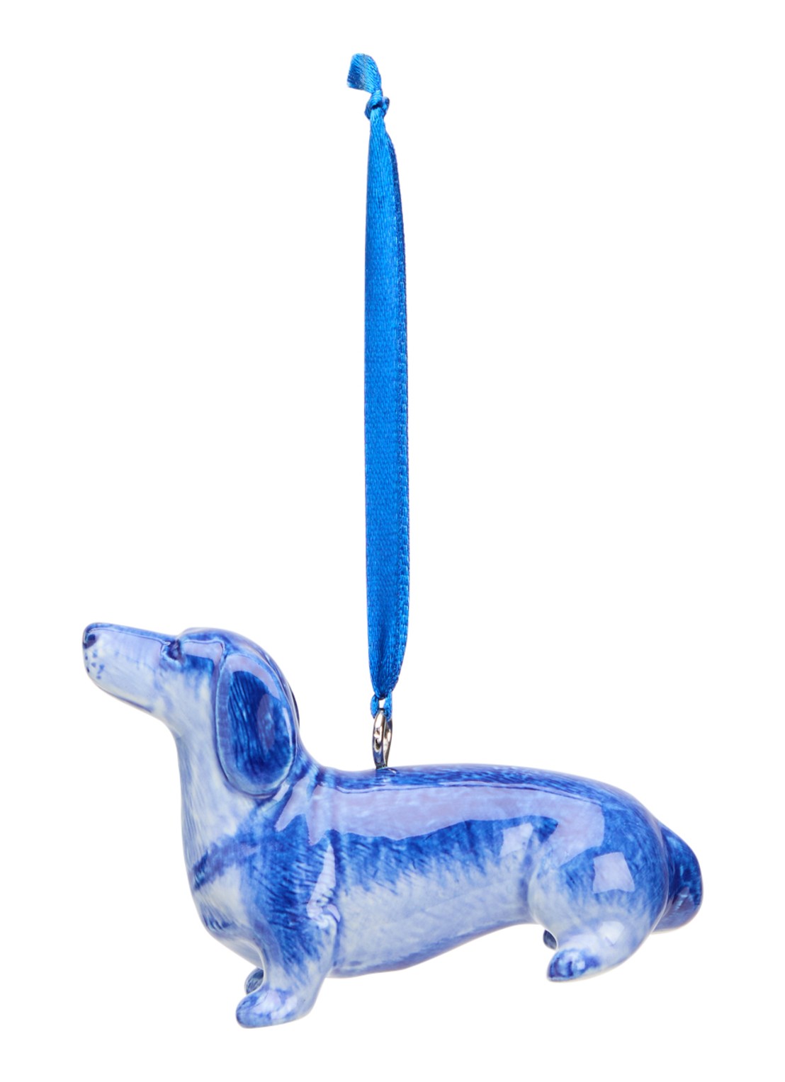 Heinen Delfts Blauw Teckel kersthanger 6 cm - voorkant blauw