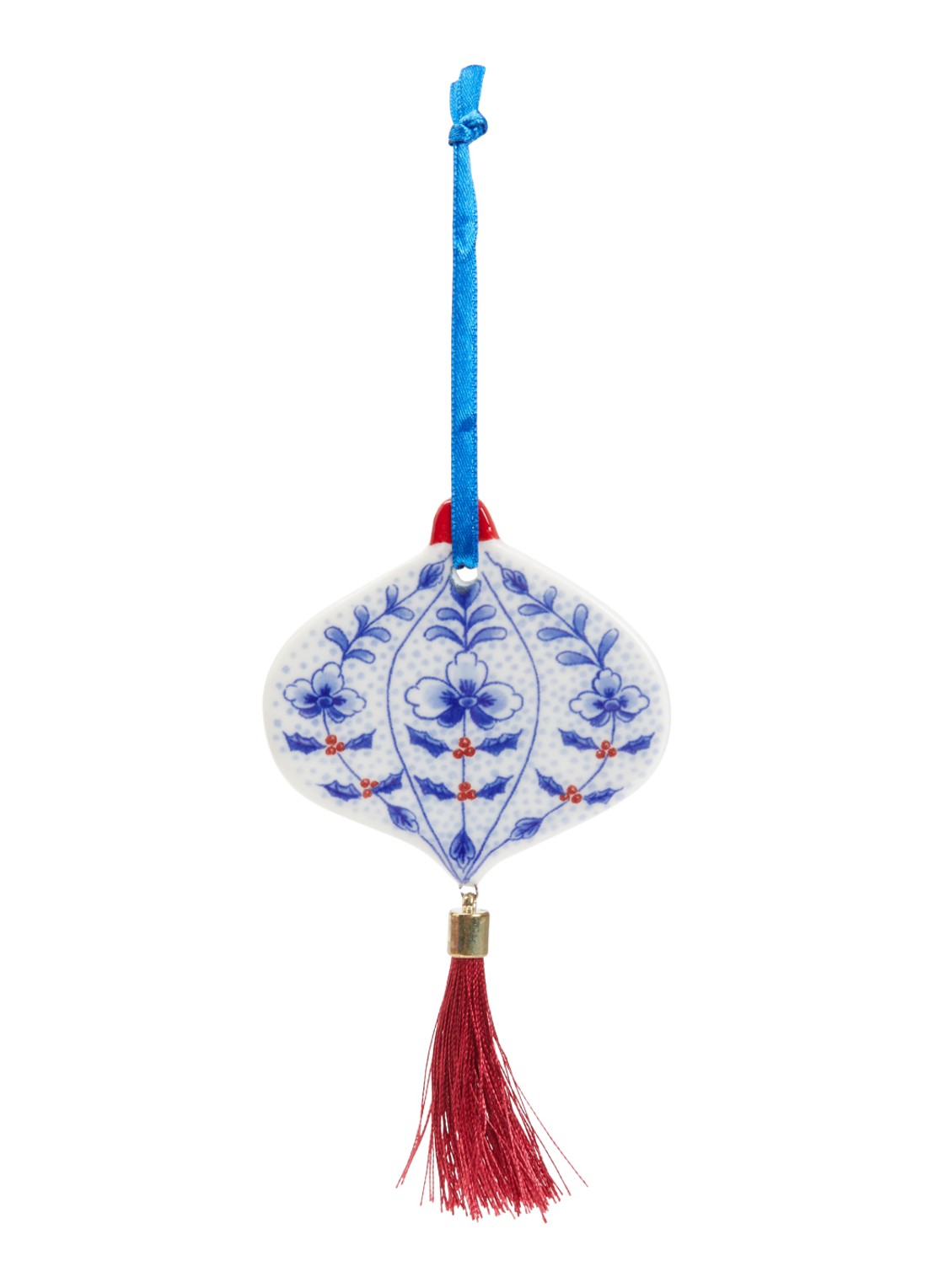Heinen Delfts Blauw Ui kersthanger plat 6,5 cm - voorkant 2 gebroken wit
