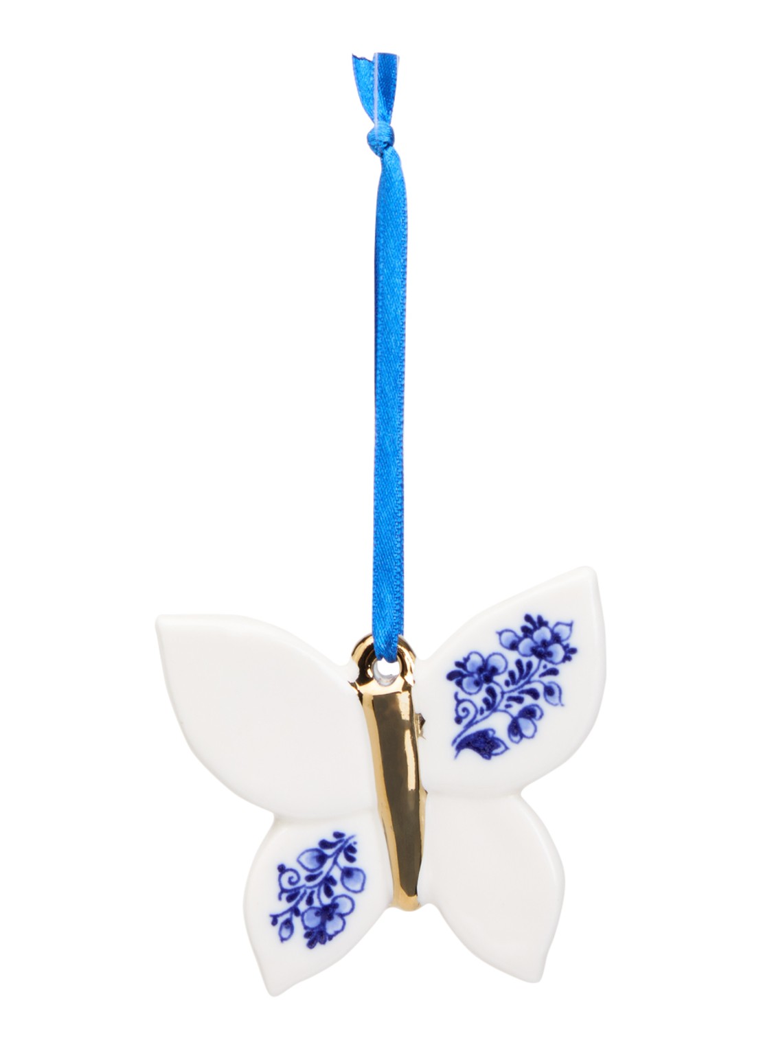 Heinen Delfts Blauw Vlinder kersthanger 6 cm - voorkant gebroken wit