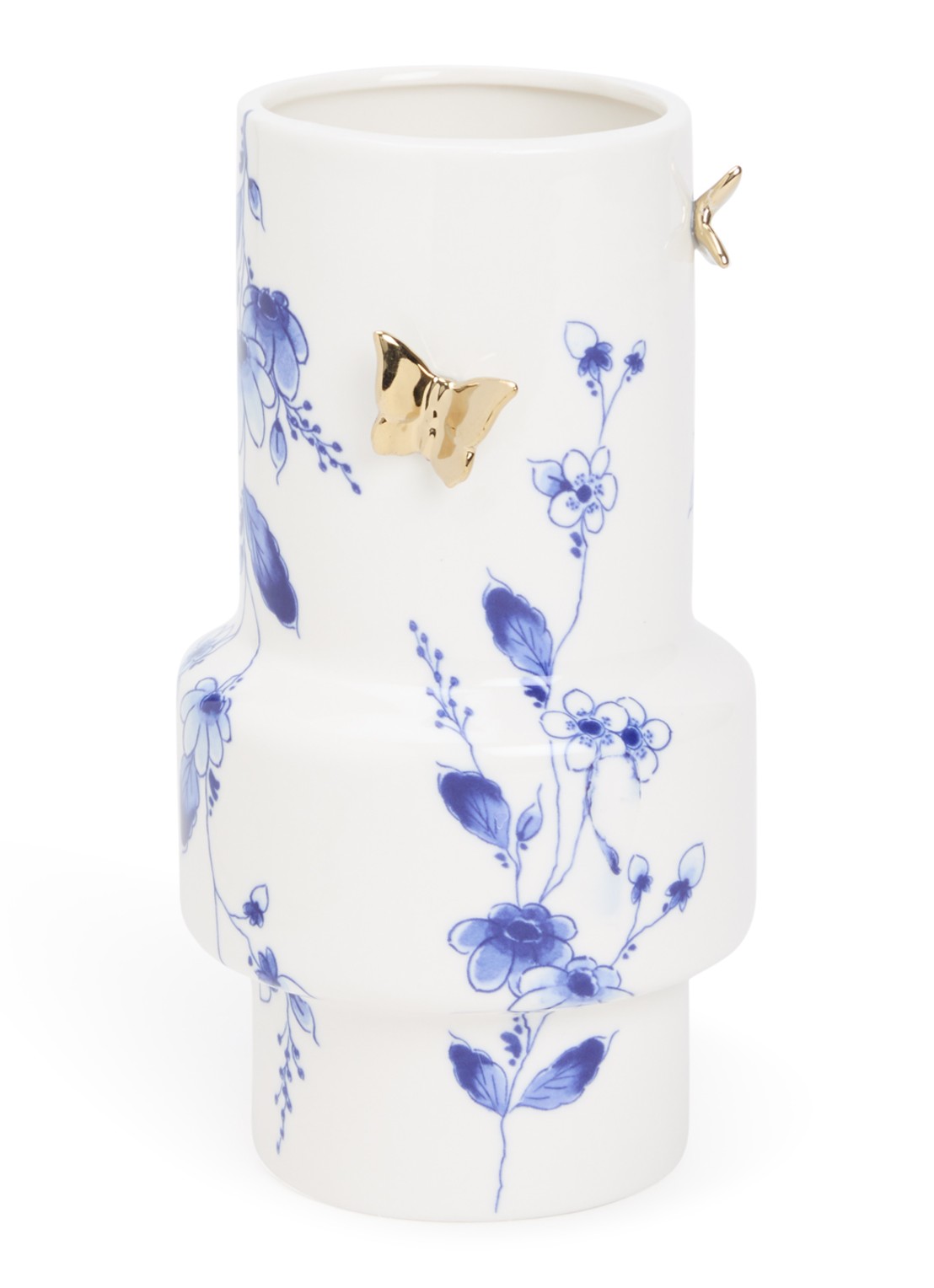 Heinen Delfts Blauw Vlindergoud vaas 21 cm  - voorkant wit