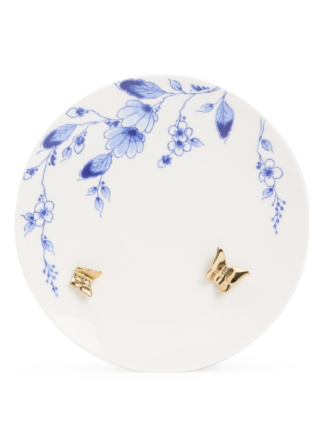 Heinen Delfts Blauw Vlindergoud wandbord 20 cm  - voorkant wit
