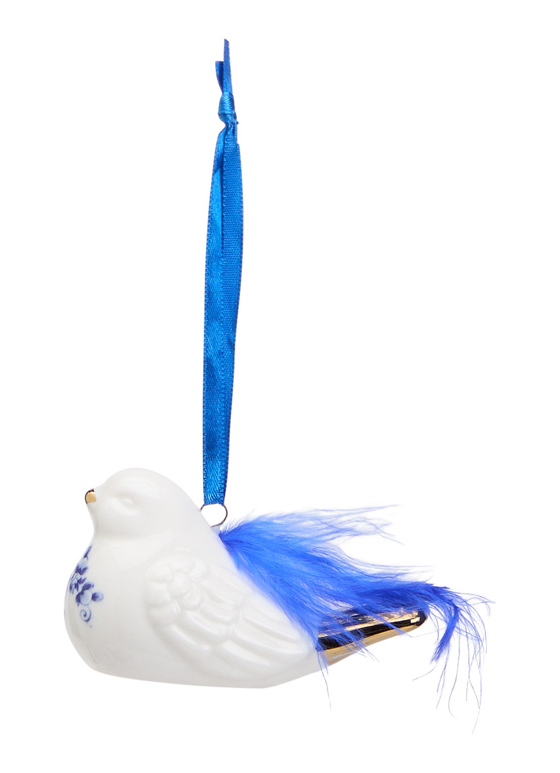 Heinen Delfts Blauw Vogel Met Veer kersthanger 5 cm - voorkant 2 gebroken wit