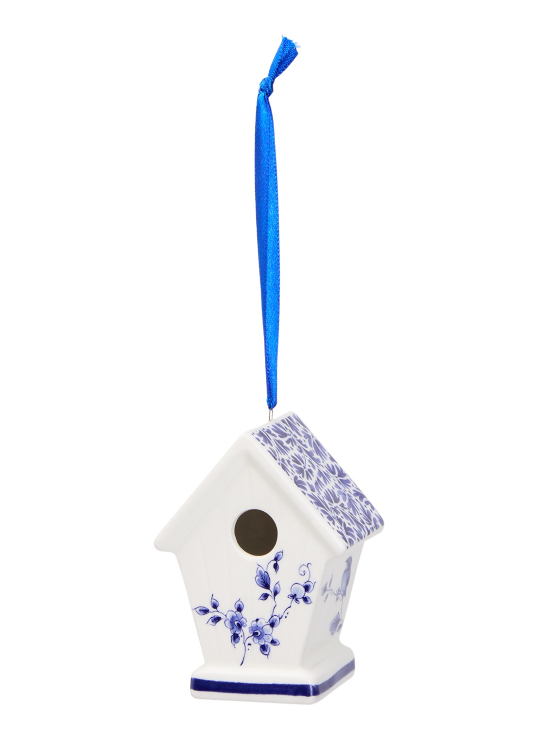 Heinen Delfts Blauw Vogelhuisje kersthanger 7,5 cm - voorkant gebroken wit