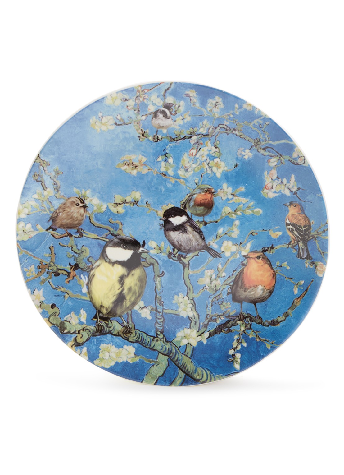 Heinen Delfts Blauw Vogels van Van Gogh wandbord 31 cm - voorkant 2 blauw