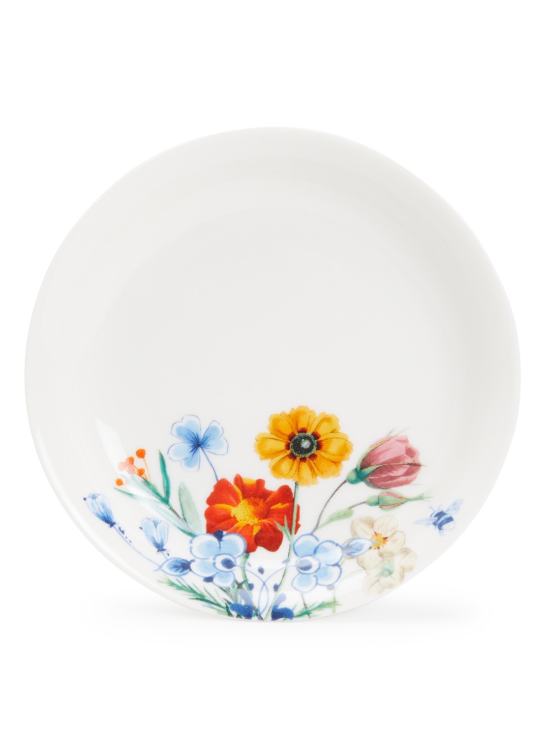 Heinen Delfts Blauw Wildbloemen gebaksbordje 12 cm - voorkant wit