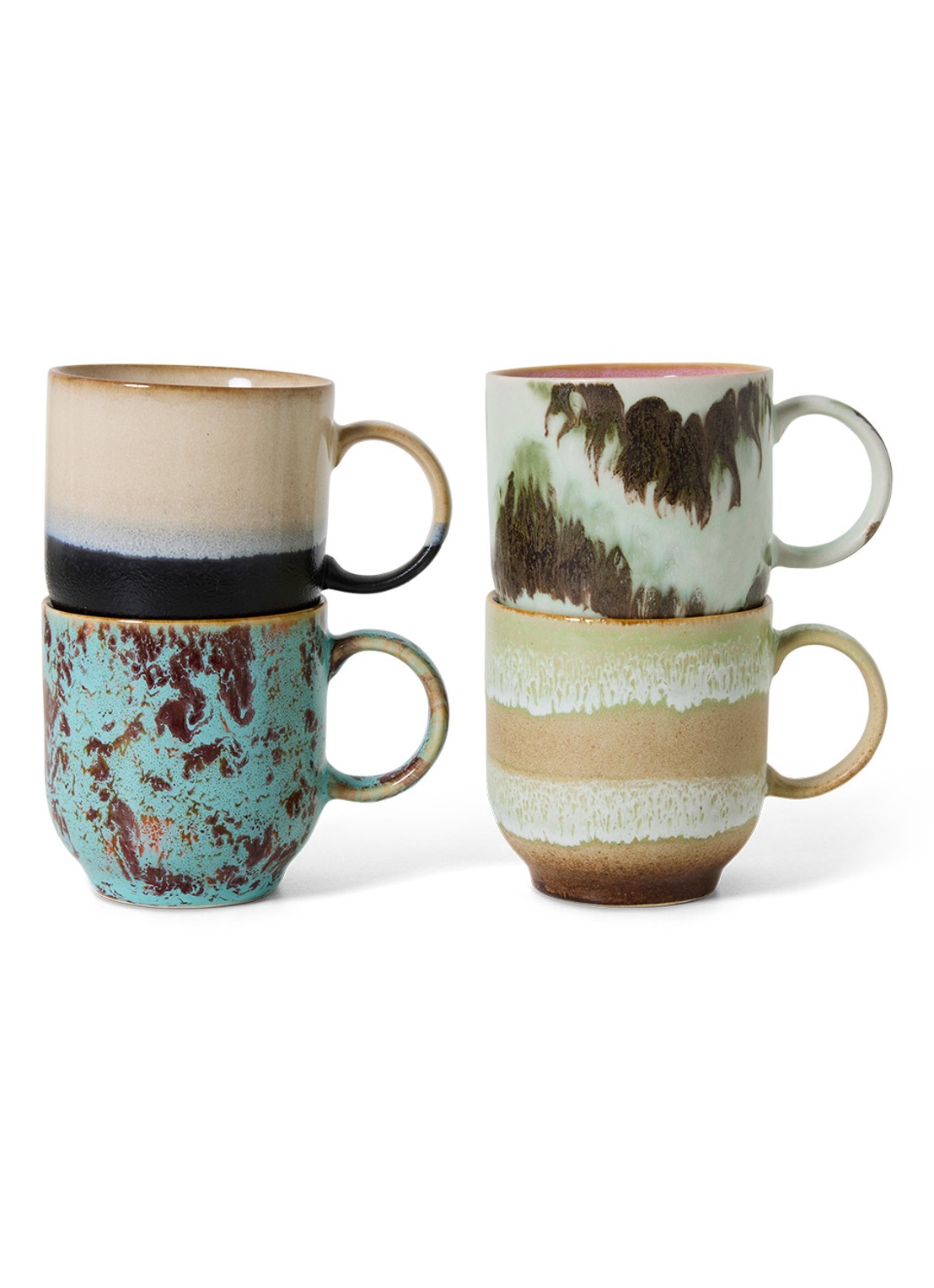 HKliving 70s ceramics: café mugs, abstract (set of 4) - voorkant multicolor