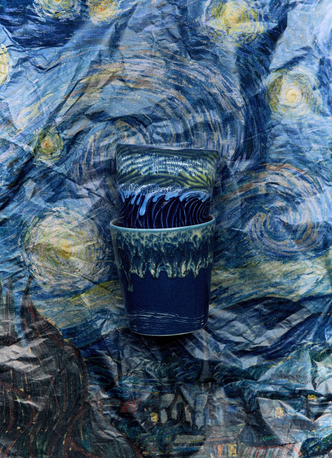 HKliving 70s Ceramics: Van Gogh mok set van 2 - detail 4 donkerblauw