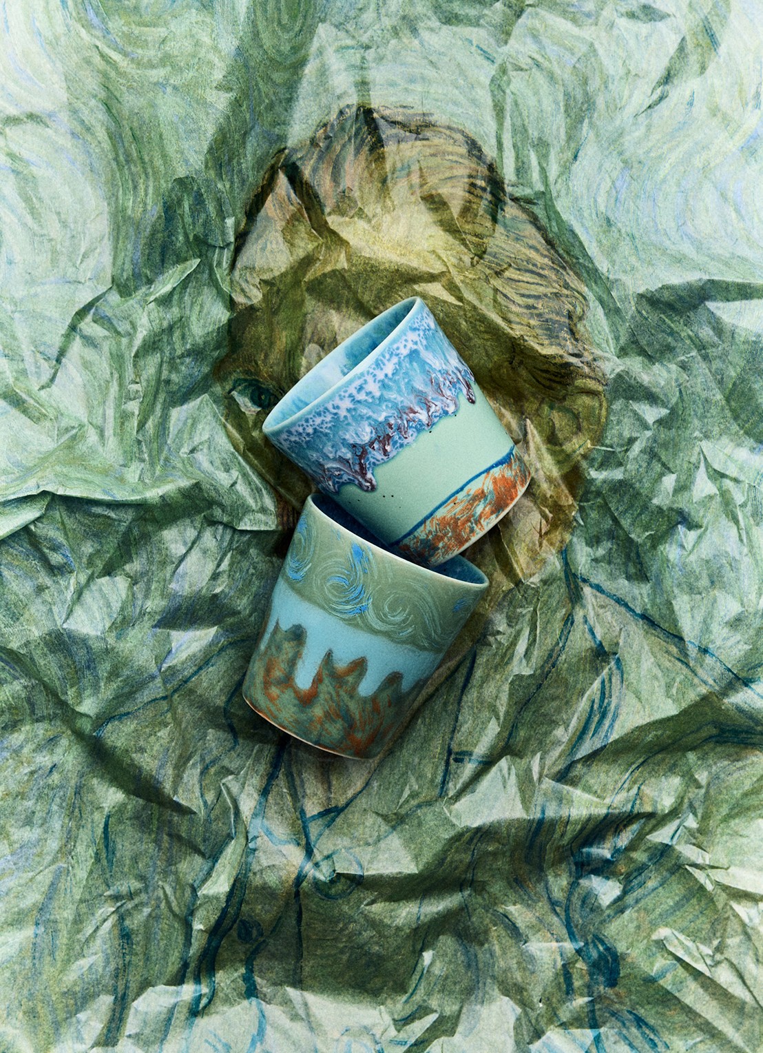 HKliving 70s Ceramics Van Gogh mok set van 2 - detail 2 blauw