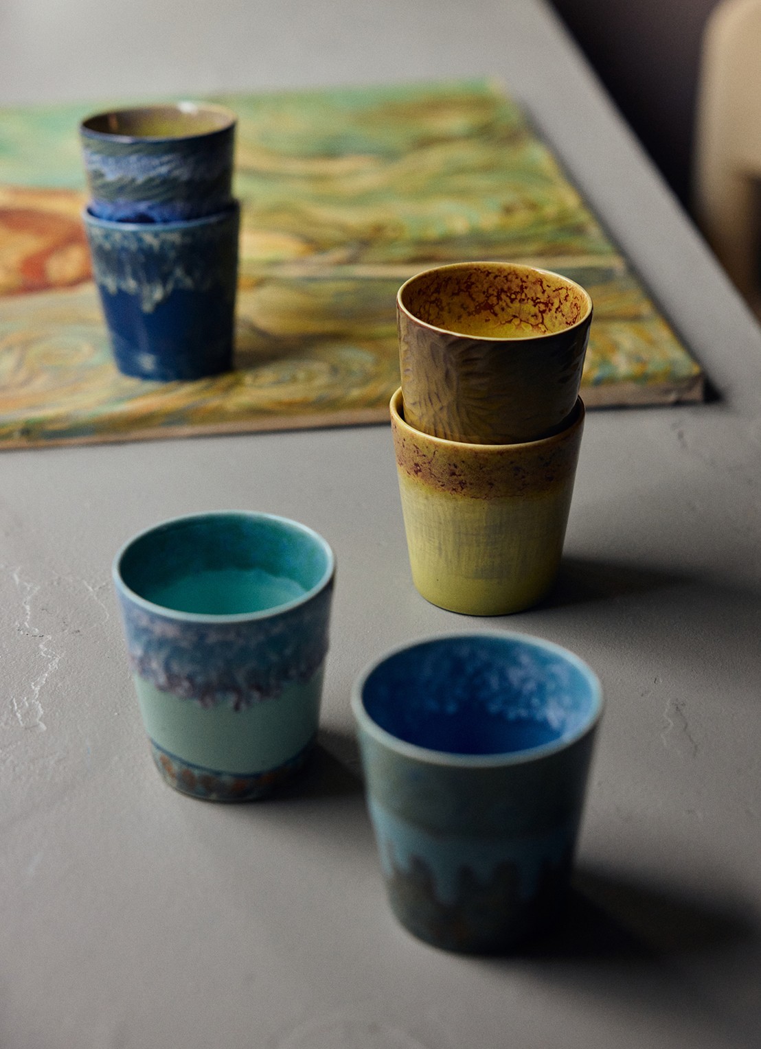 HKliving 70s Ceramics Van Gogh mok set van 2 - detail 6 geel