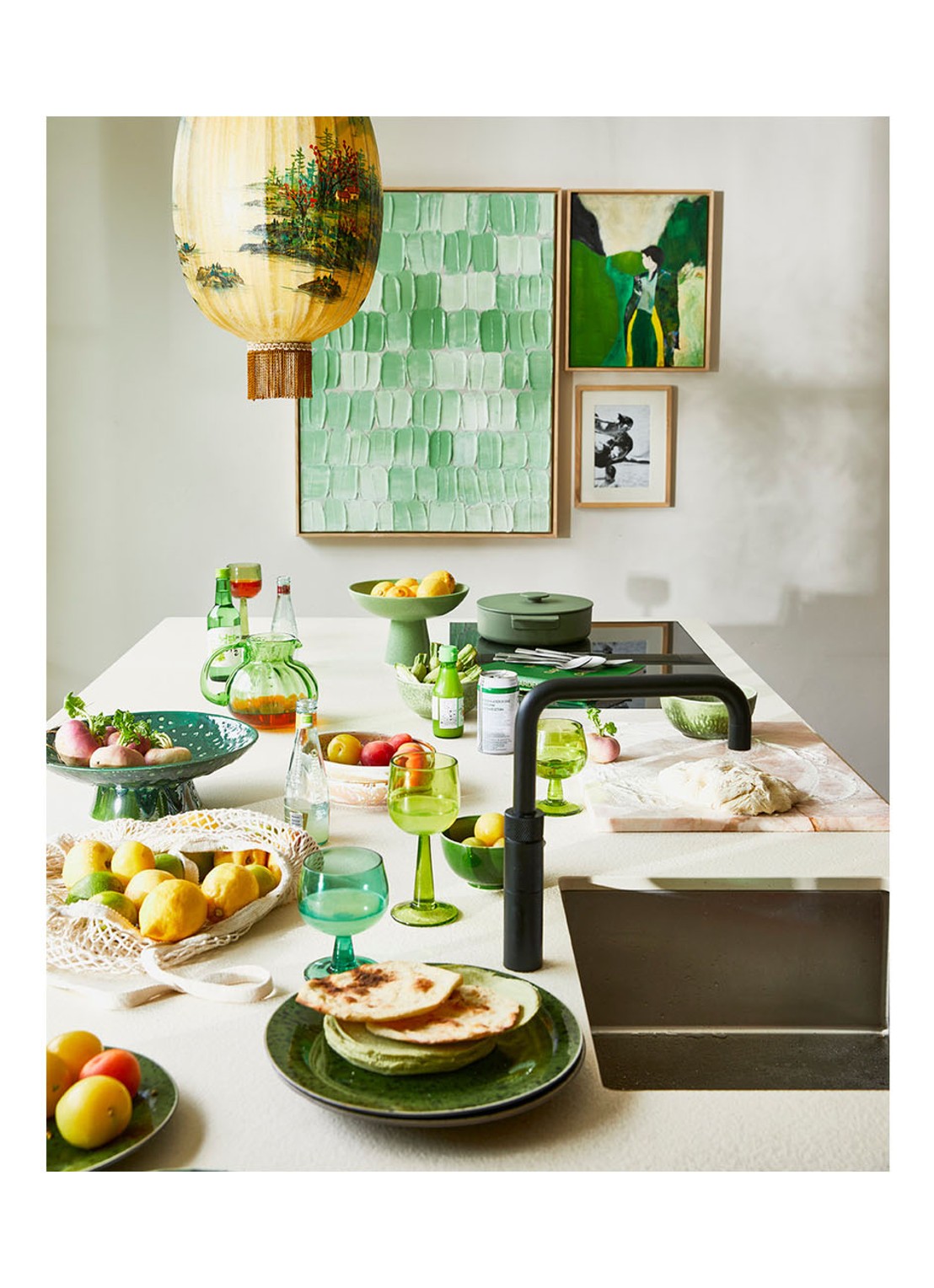 HKliving Green Palette Abstract wanddecoratie 100 x 75 cm - voorkant 2 lindegroen
