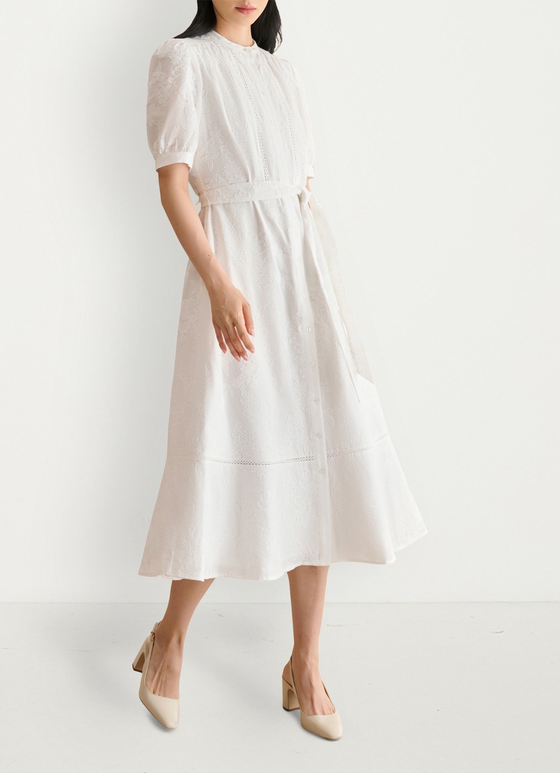 Hobbs Amani midi jurk met borduring en strikceintuur - detail 3 wit