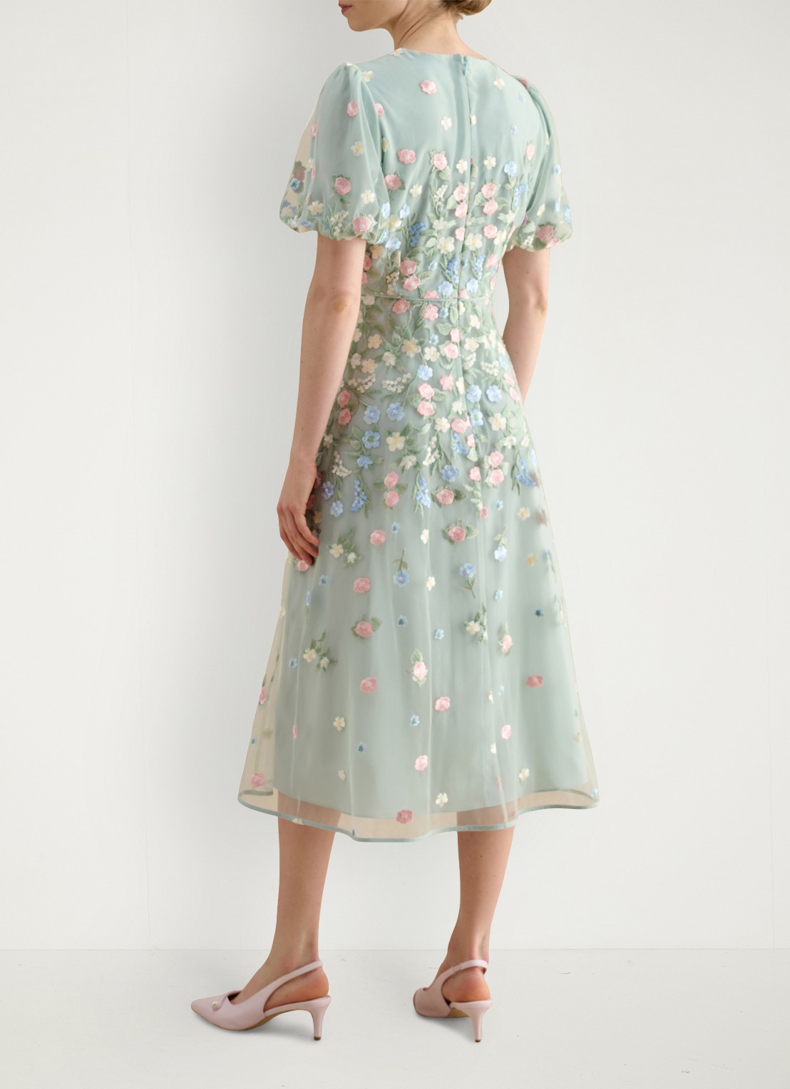Hobbs Audra midi jurk met bloemborduring en pofmouw - achterkant 4 lichtgroen