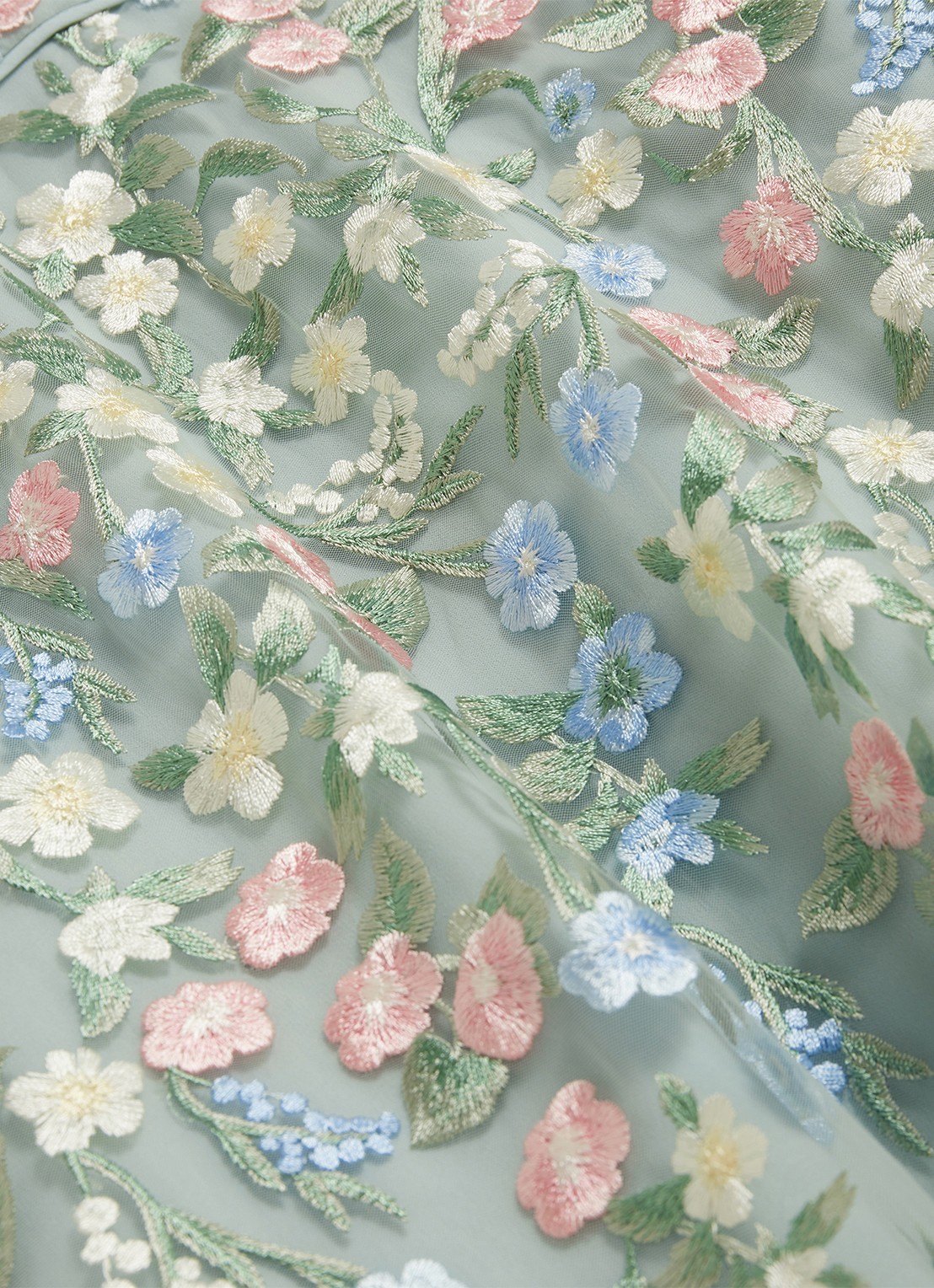 Hobbs Audra midi jurk met bloemborduring en pofmouw - detail 3 lichtgroen