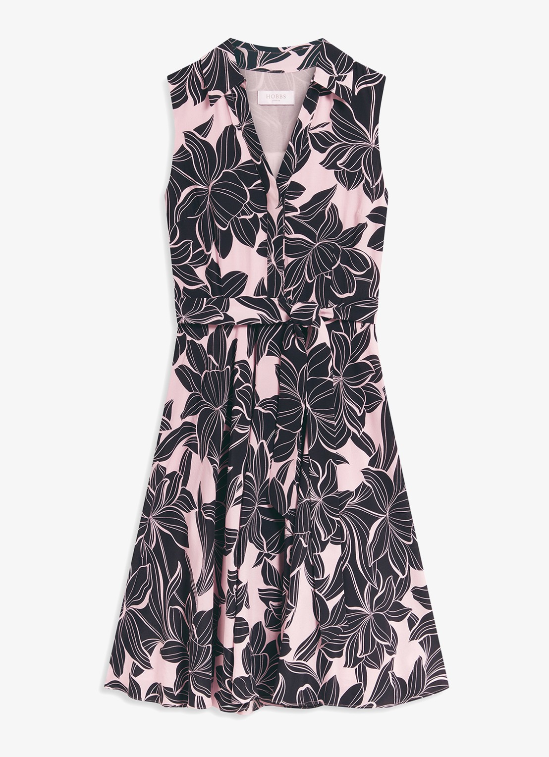 Hobbs Bea mini jurk met print en strikceintuur - voorkant roze