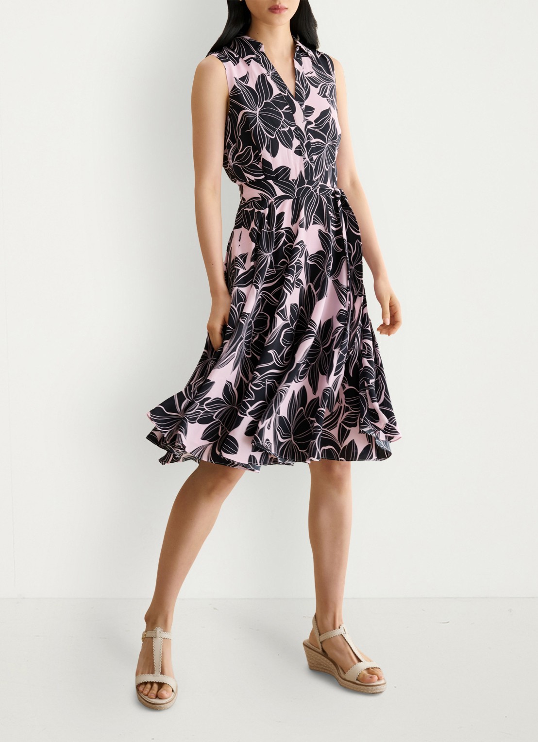 Hobbs Bea mini jurk met print en strikceintuur - voorkant 2 roze