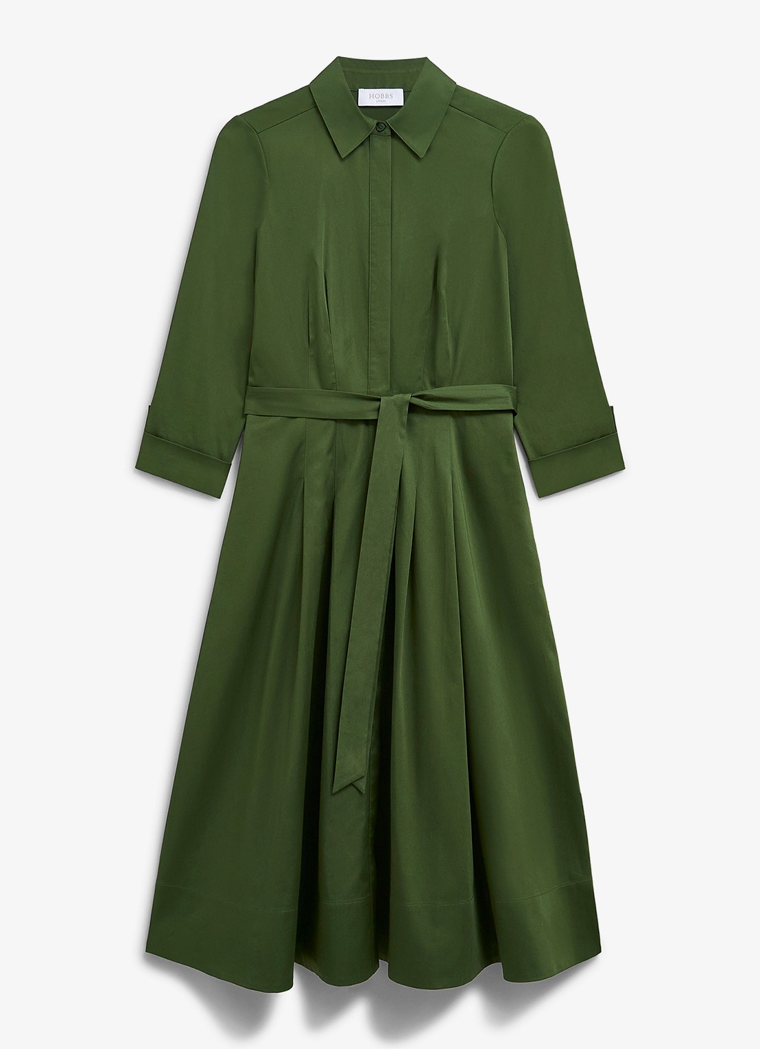 Hobbs Brigitta midi blousejurk met strikceintuur - voorkant 3 groen