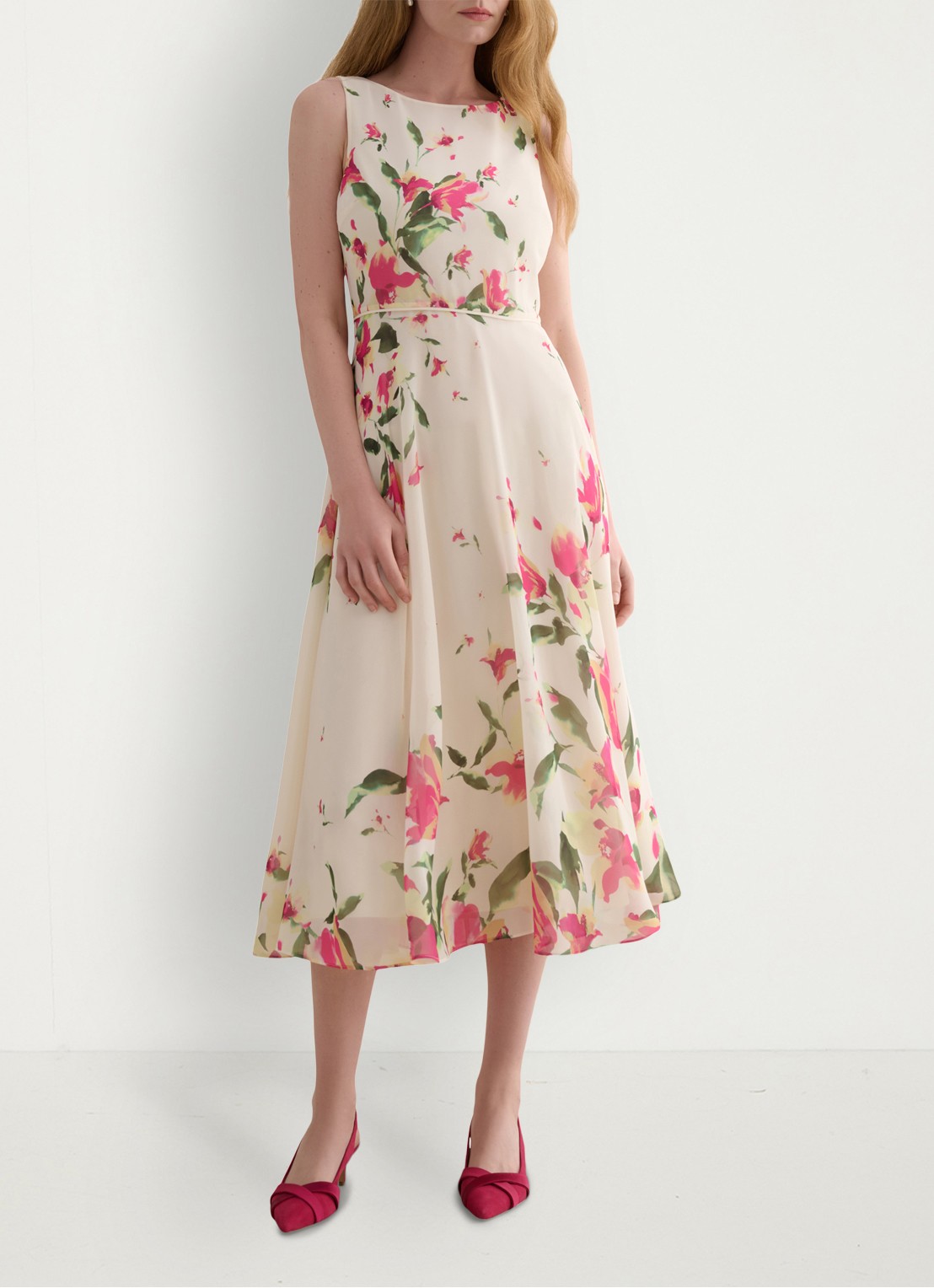 Hobbs Carly midi jurk met bloemenprint - voorkant 3 creme