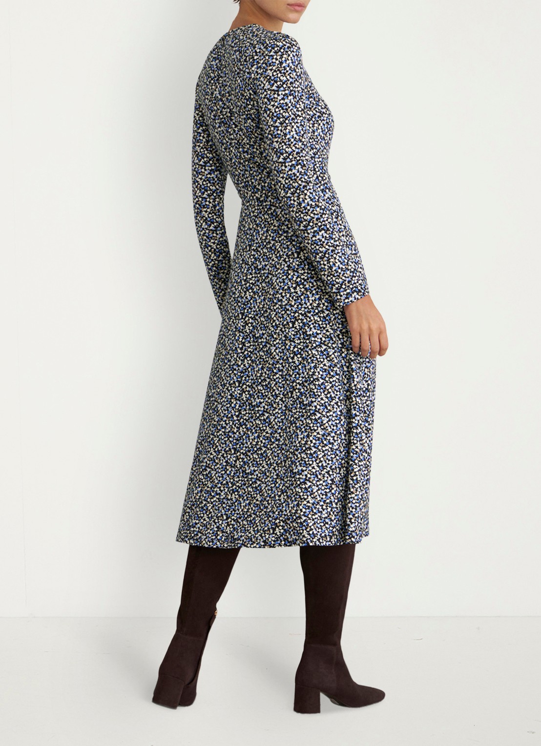 Hobbs Dakota midi jurk met grafisch patroon en strikceintuur - achterkant 4 donkerblauw