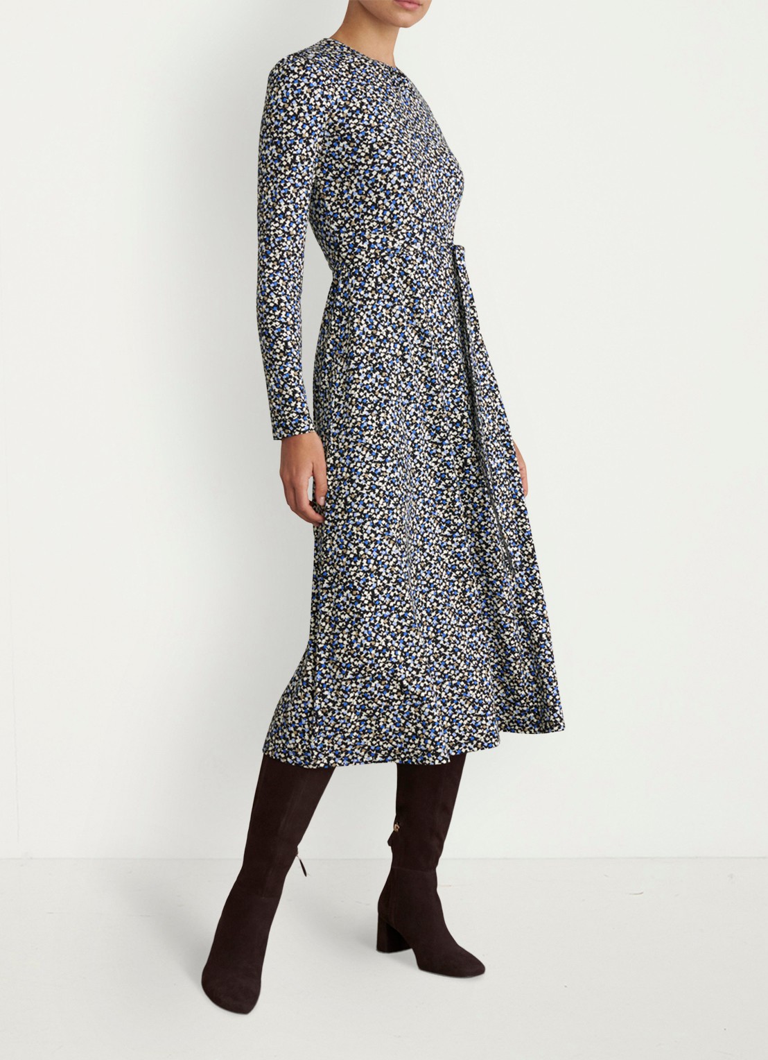 Hobbs Dakota midi jurk met grafisch patroon en strikceintuur - detail donkerblauw