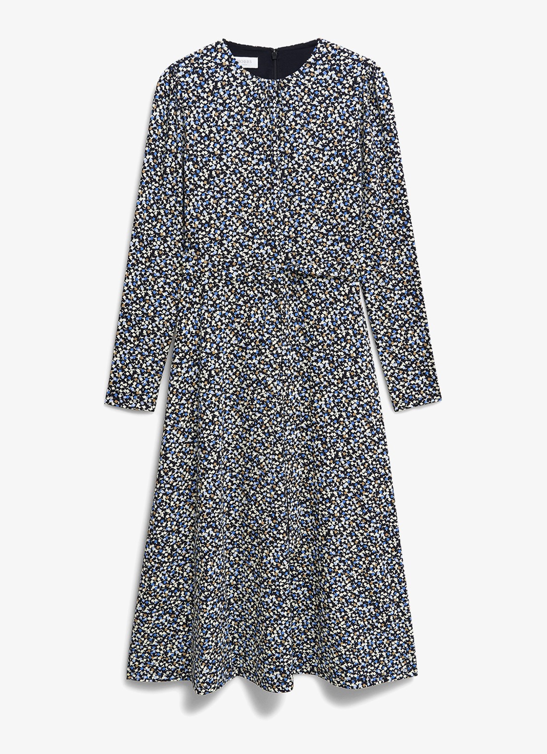 Hobbs Dakota midi jurk met grafisch patroon en strikceintuur - voorkant 3 donkerblauw