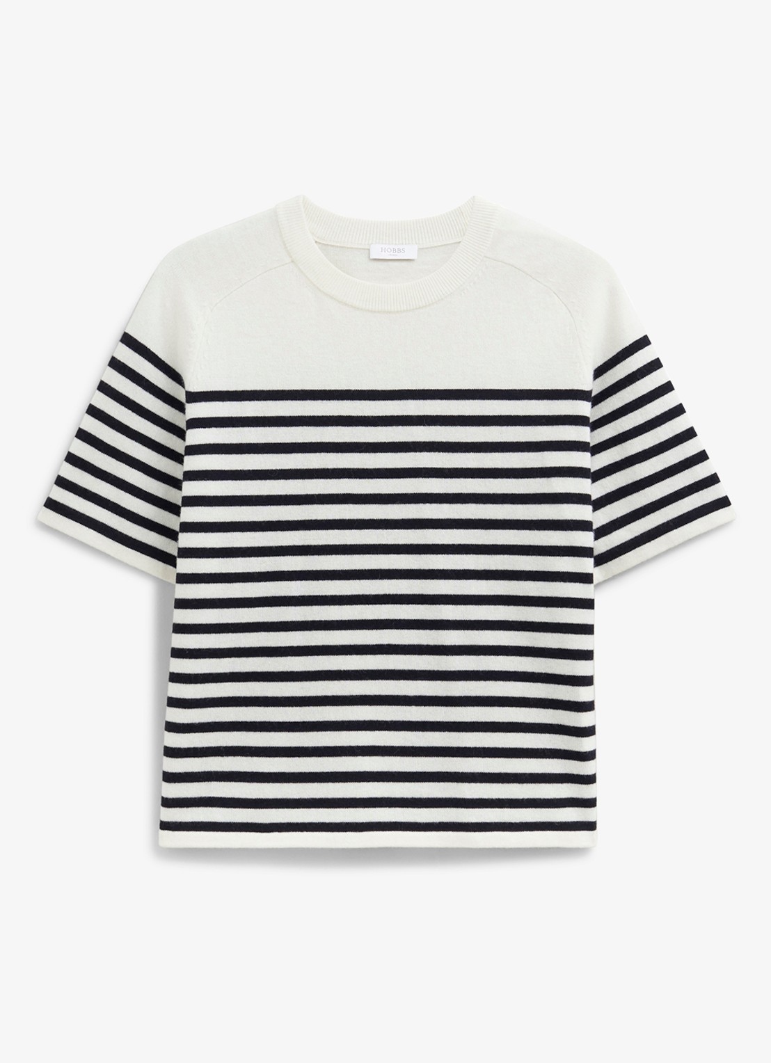 Hobbs Demi fijngebreid T-shirt in kasjmierblend met streepprint - voorkant gebroken wit