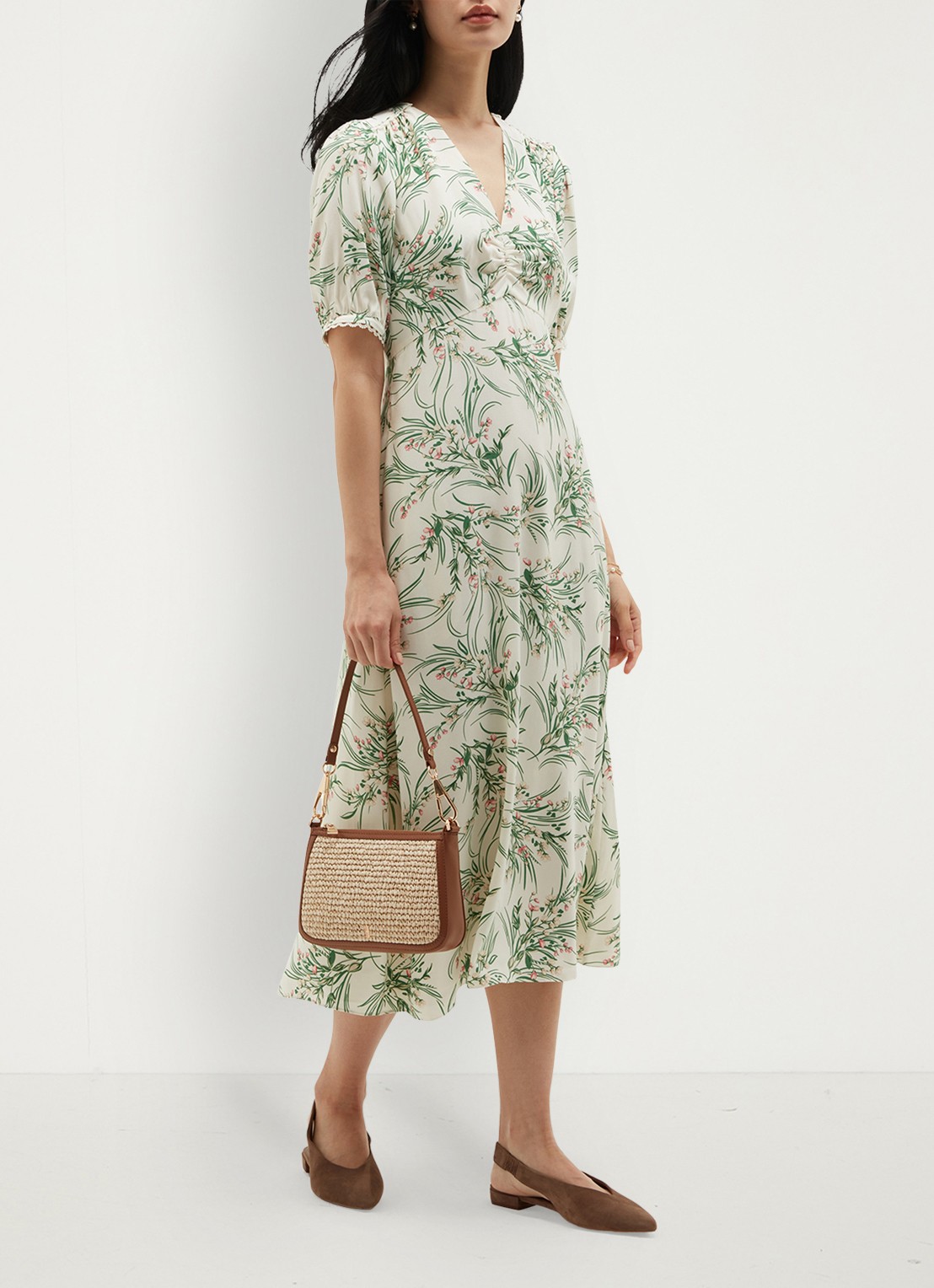 Hobbs Florentina midi jurk met bloemenprint - detail 4 lichtgroen
