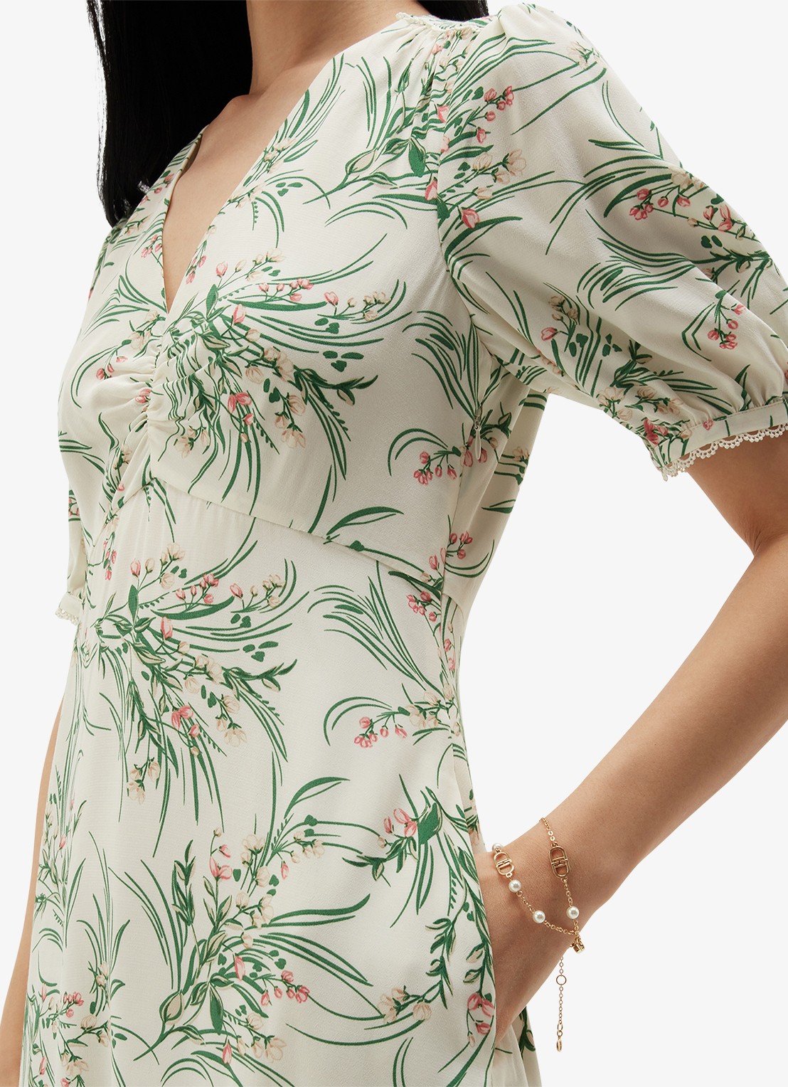 Hobbs Florentina midi jurk met bloemenprint - detail 5 lichtgroen