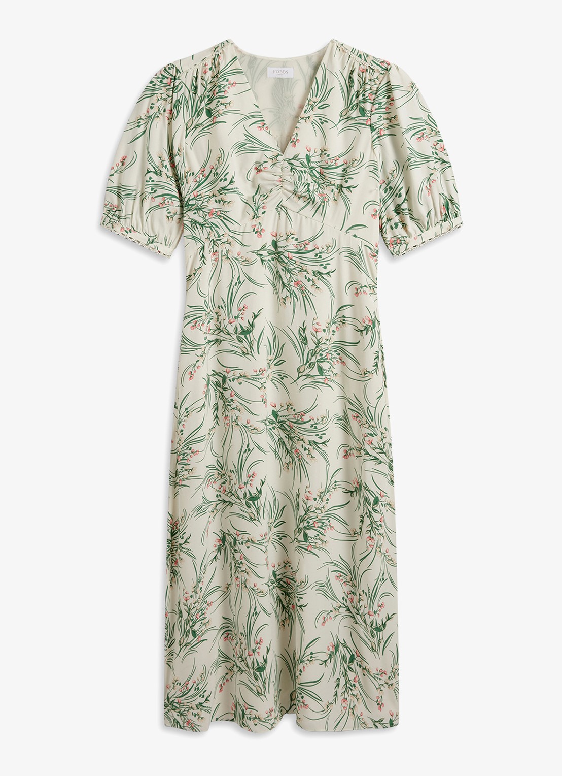 Hobbs Florentina midi jurk met bloemenprint - voorkant lichtgroen