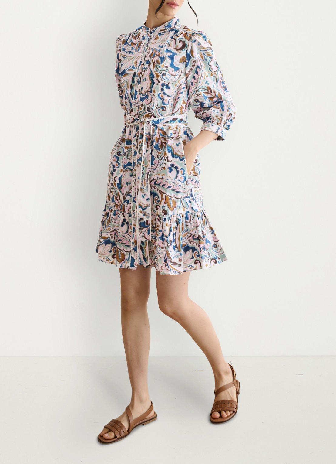 Hobbs Hope mini jurk met strikceintuur en print - voorkant 3 donkerblauw
