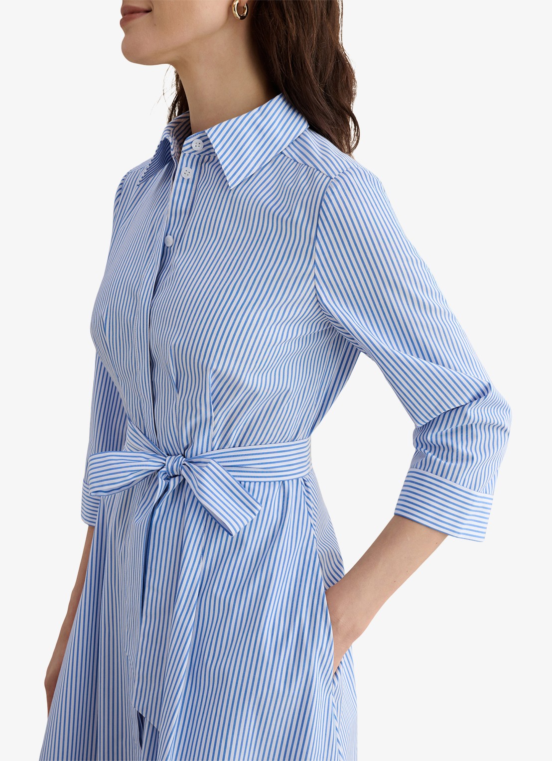 Hobbs Jane midi blousejurk met streepprint en strikceintuur - detail 5 lichtblauw