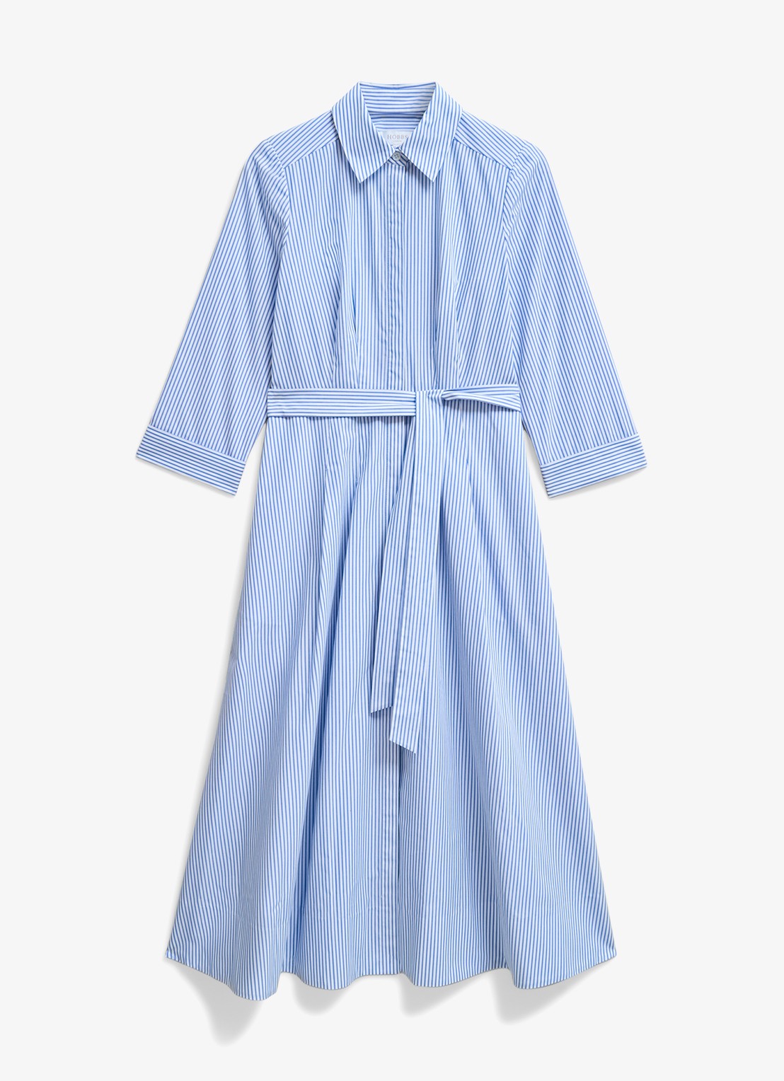 Hobbs Jane midi blousejurk met streepprint en strikceintuur - voorkant 2 lichtblauw