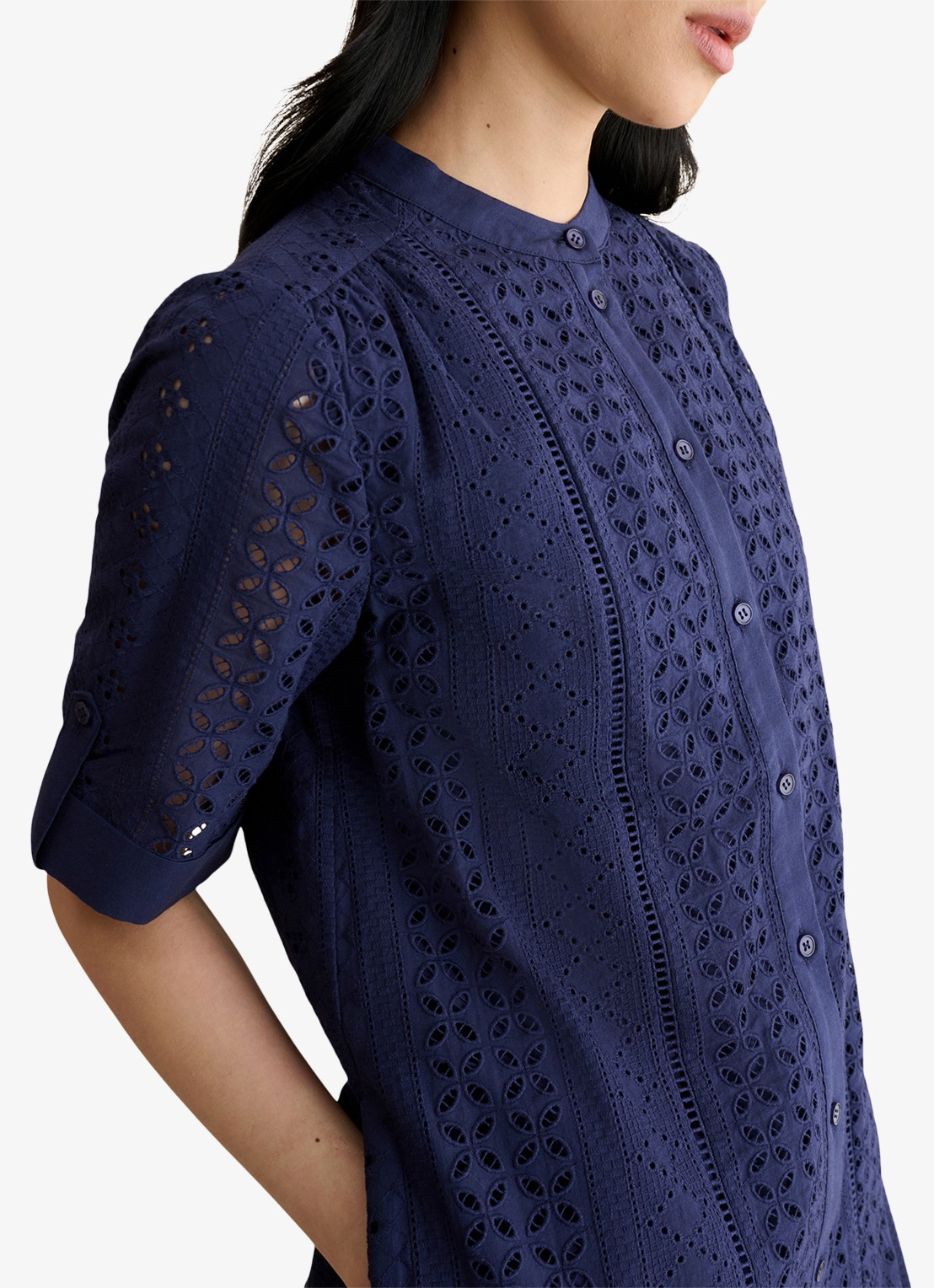 Hobbs Jasmine mini jurk met broderie - detail 3 donkerblauw