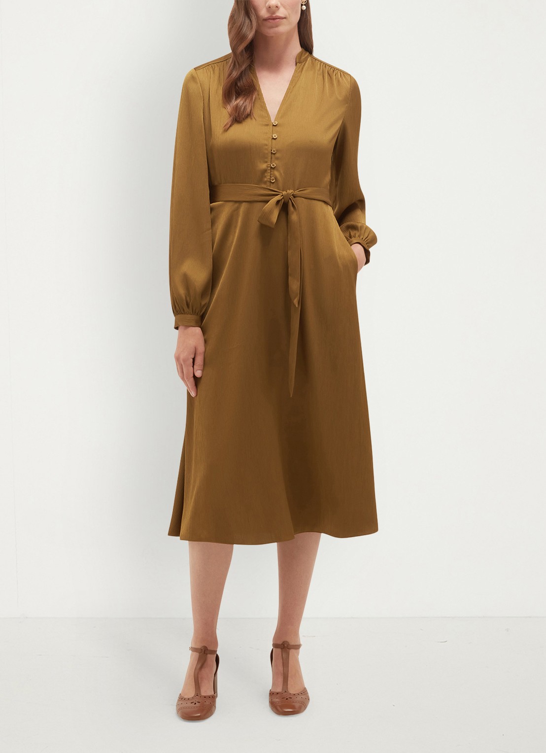 Hobbs Katia midi tuniekjurk met strikceintuur - voorkant 2 khaki