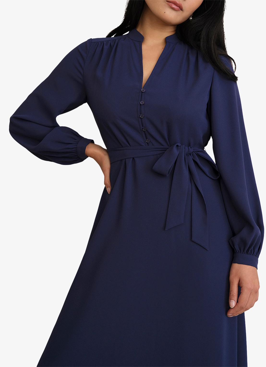 Hobbs Lettie midi jurk met strikceintuur - detail 4 donkerblauw