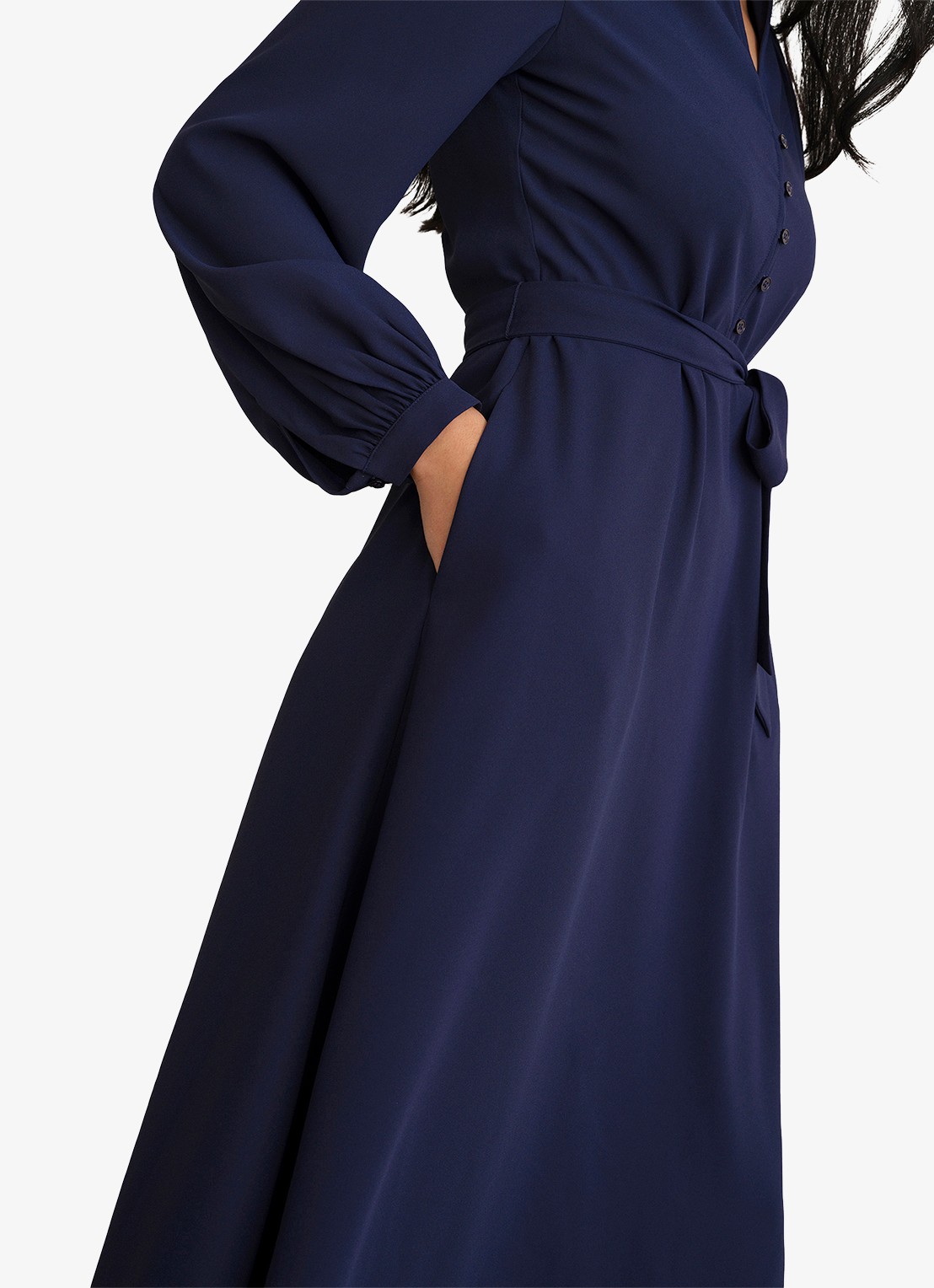 Hobbs Lettie midi jurk met strikceintuur - detail 5 donkerblauw