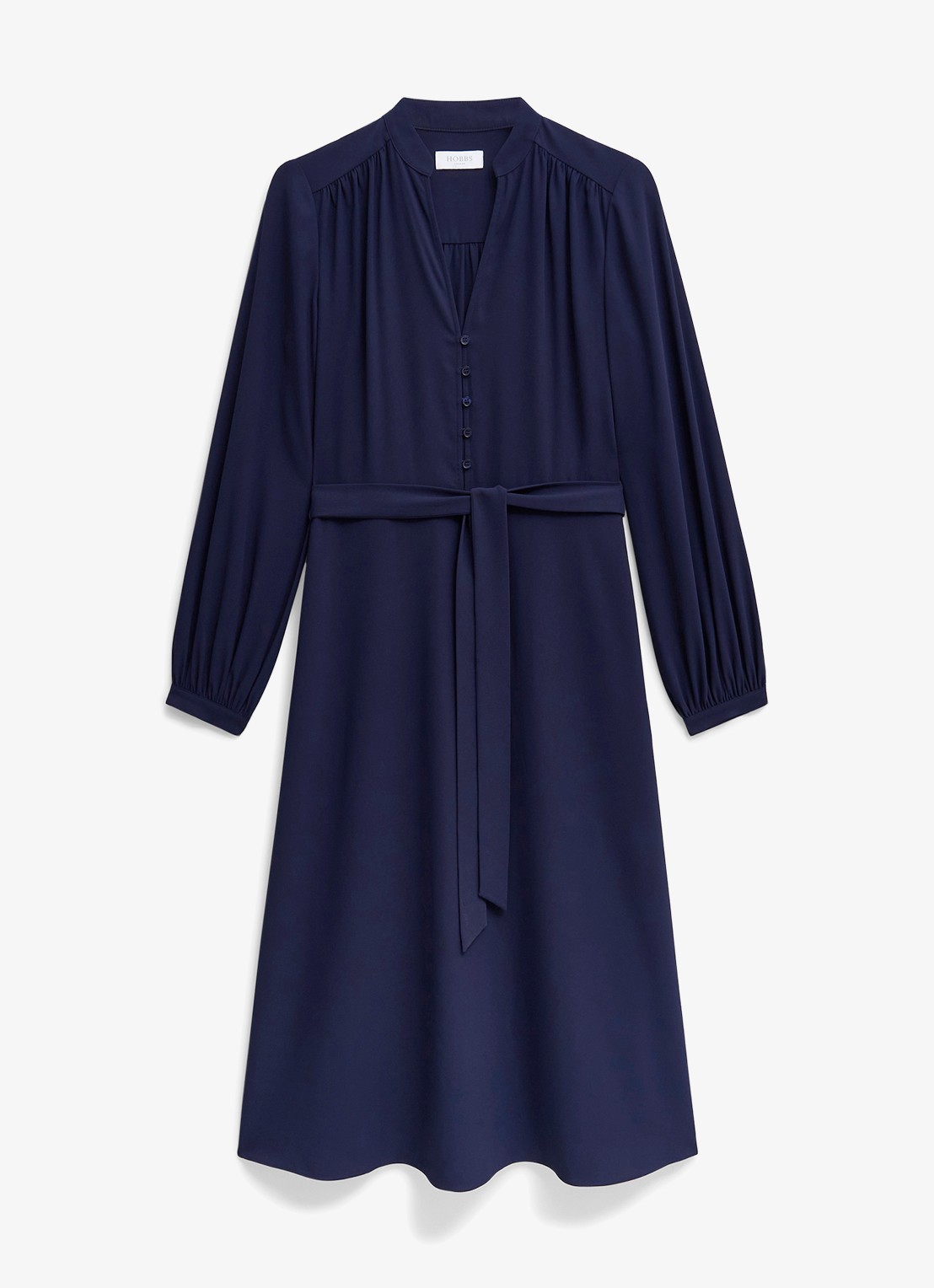 Hobbs Lettie midi jurk met strikceintuur - voorkant donkerblauw