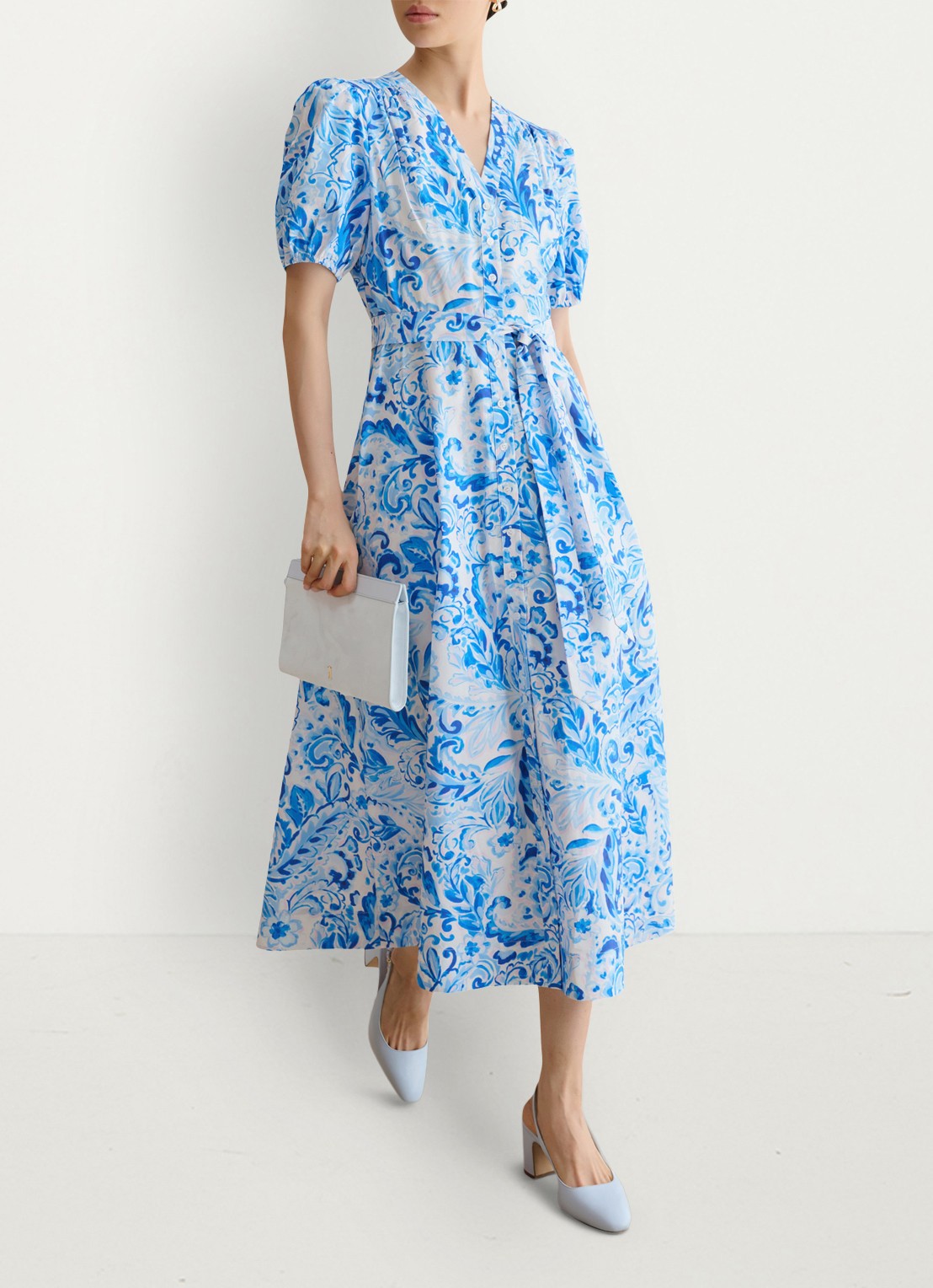 Hobbs Libby midi jurk met print en strikceintuur - detail 4 blauw