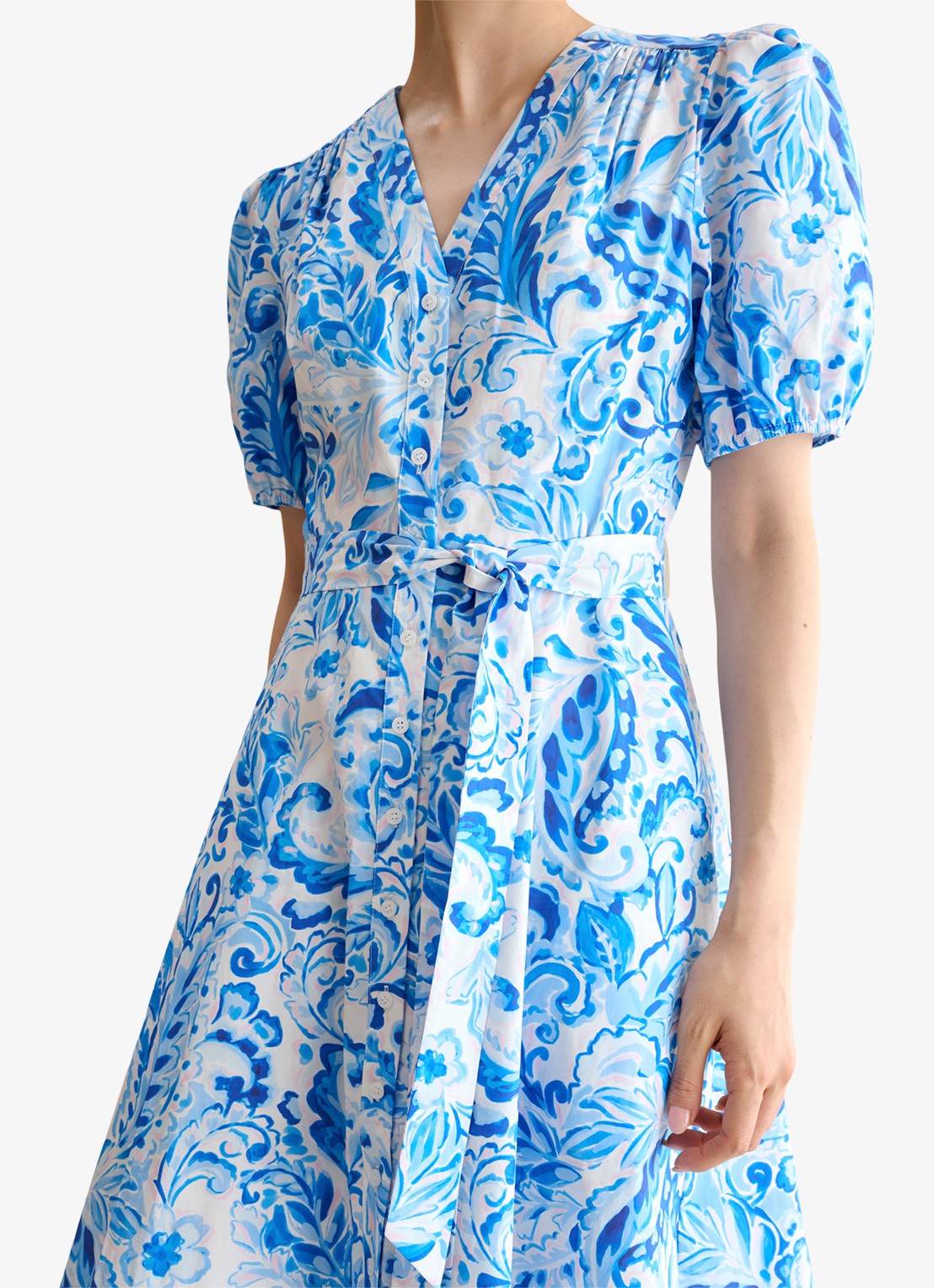 Hobbs Libby midi jurk met print en strikceintuur - detail 5 blauw
