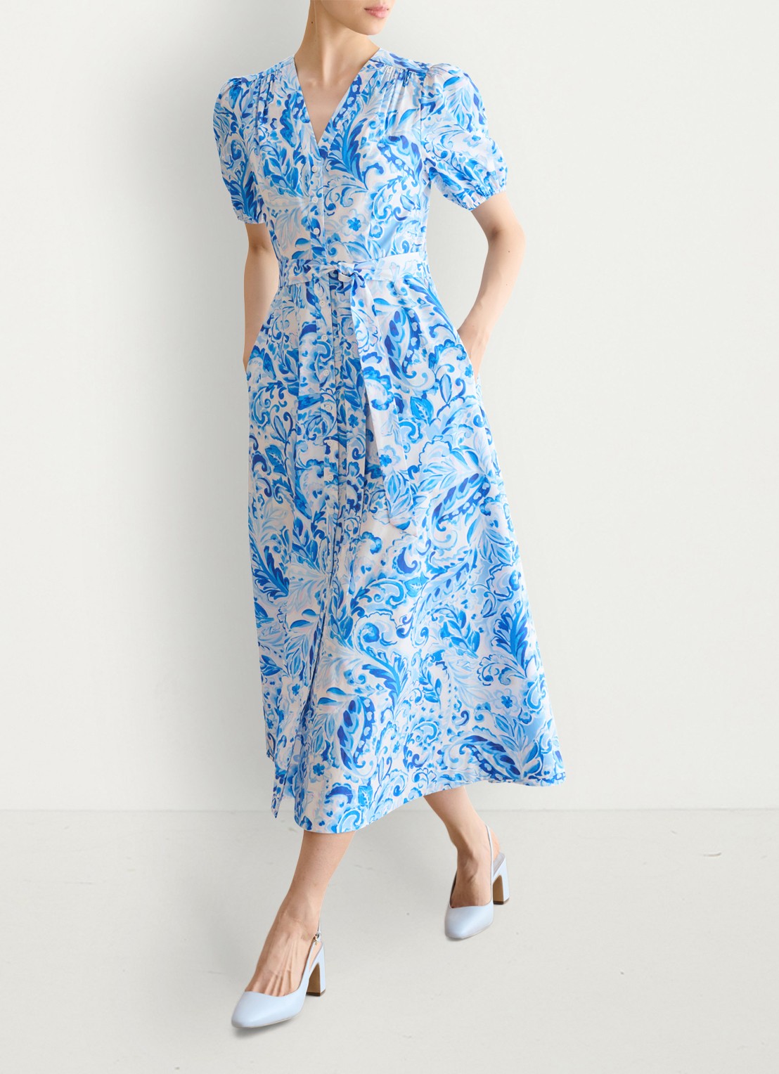 Hobbs Libby midi jurk met print en strikceintuur - voorkant 3 blauw