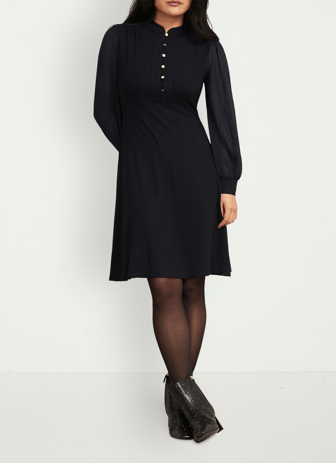 Hobbs Liberty midi tuniekjurk met pofmouwen - voorkant 3 zwart
