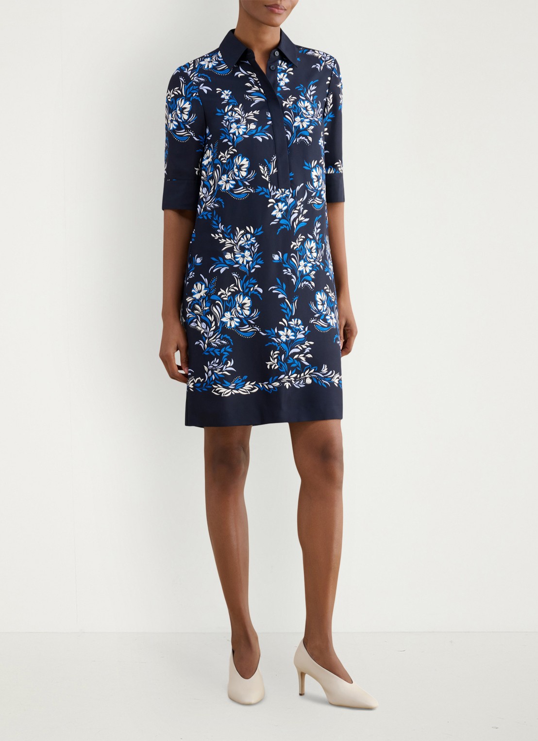 Hobbs Marciella mini tuniekjurk met bloemenprint - voorkant 6 donkerblauw