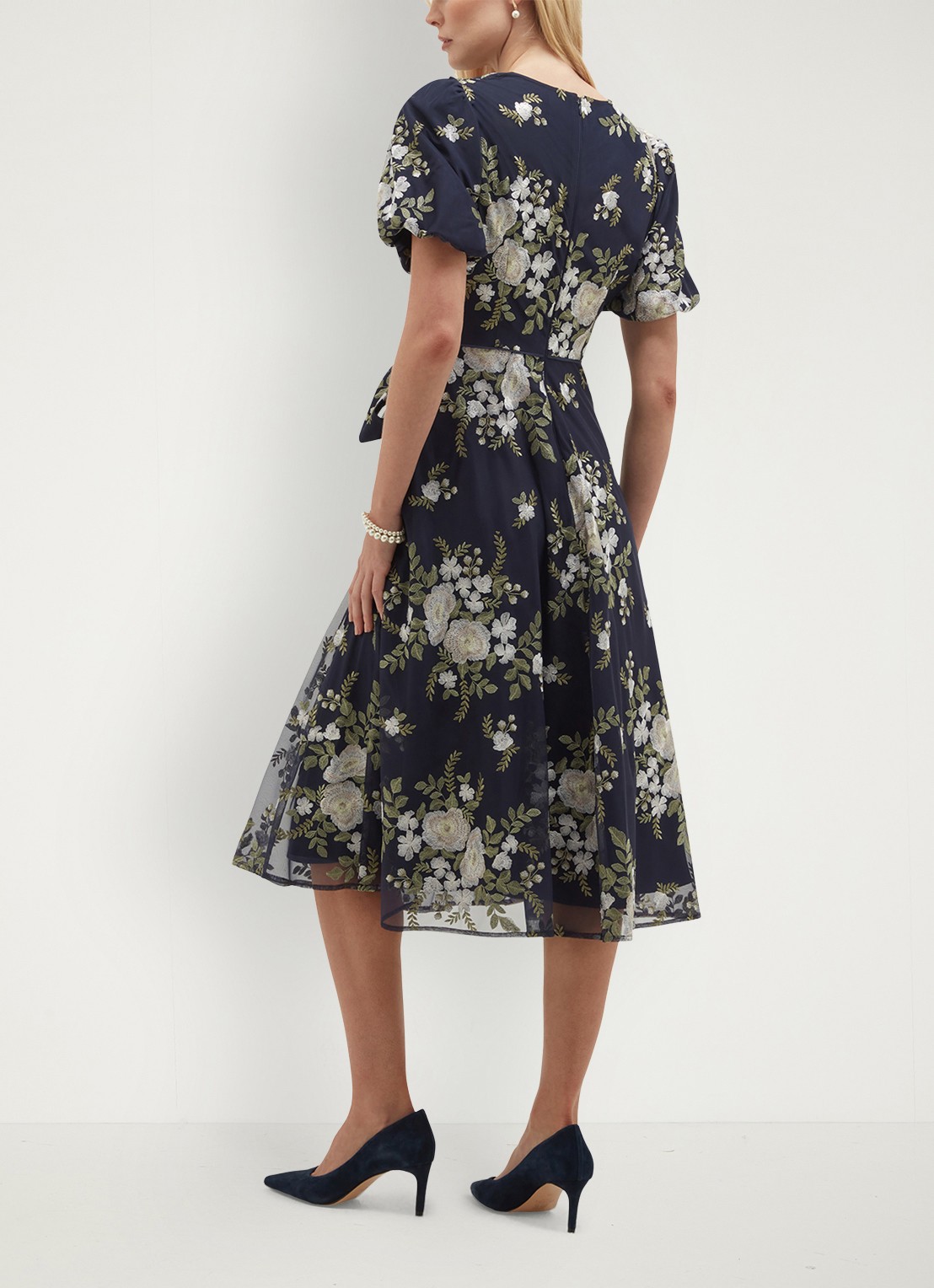 Hobbs Midi jurk met bloemenprint met V-hals - achterkant 6 donkerblauw