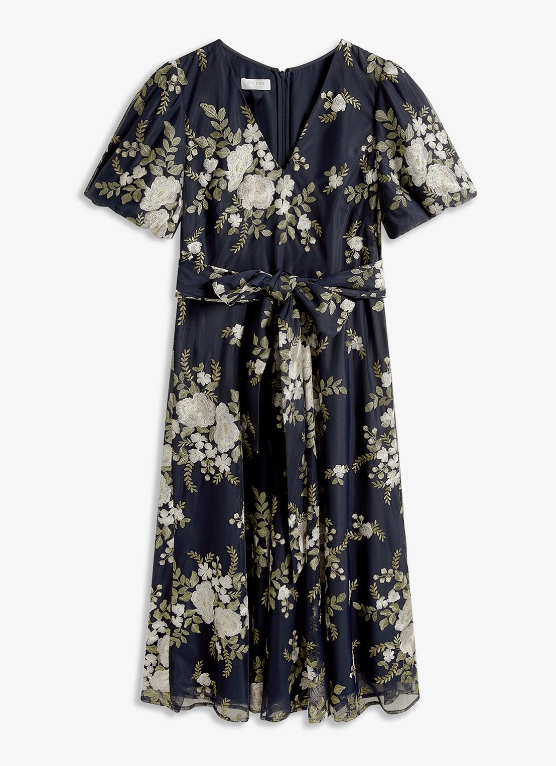 Hobbs Midi jurk met bloemenprint met V-hals - voorkant donkerblauw