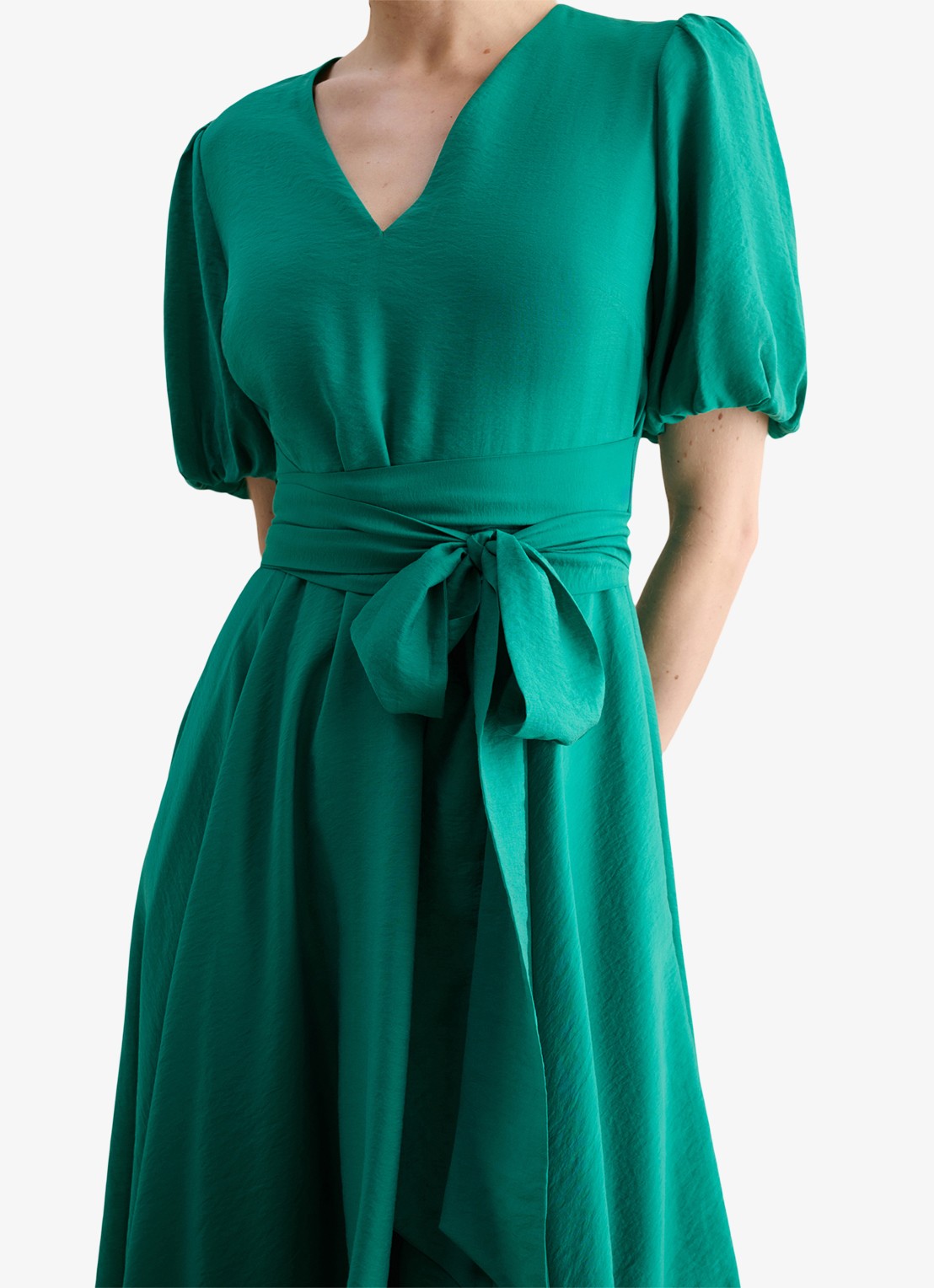Hobbs Midi jurk met strikceintuur en V-hals - detail groen