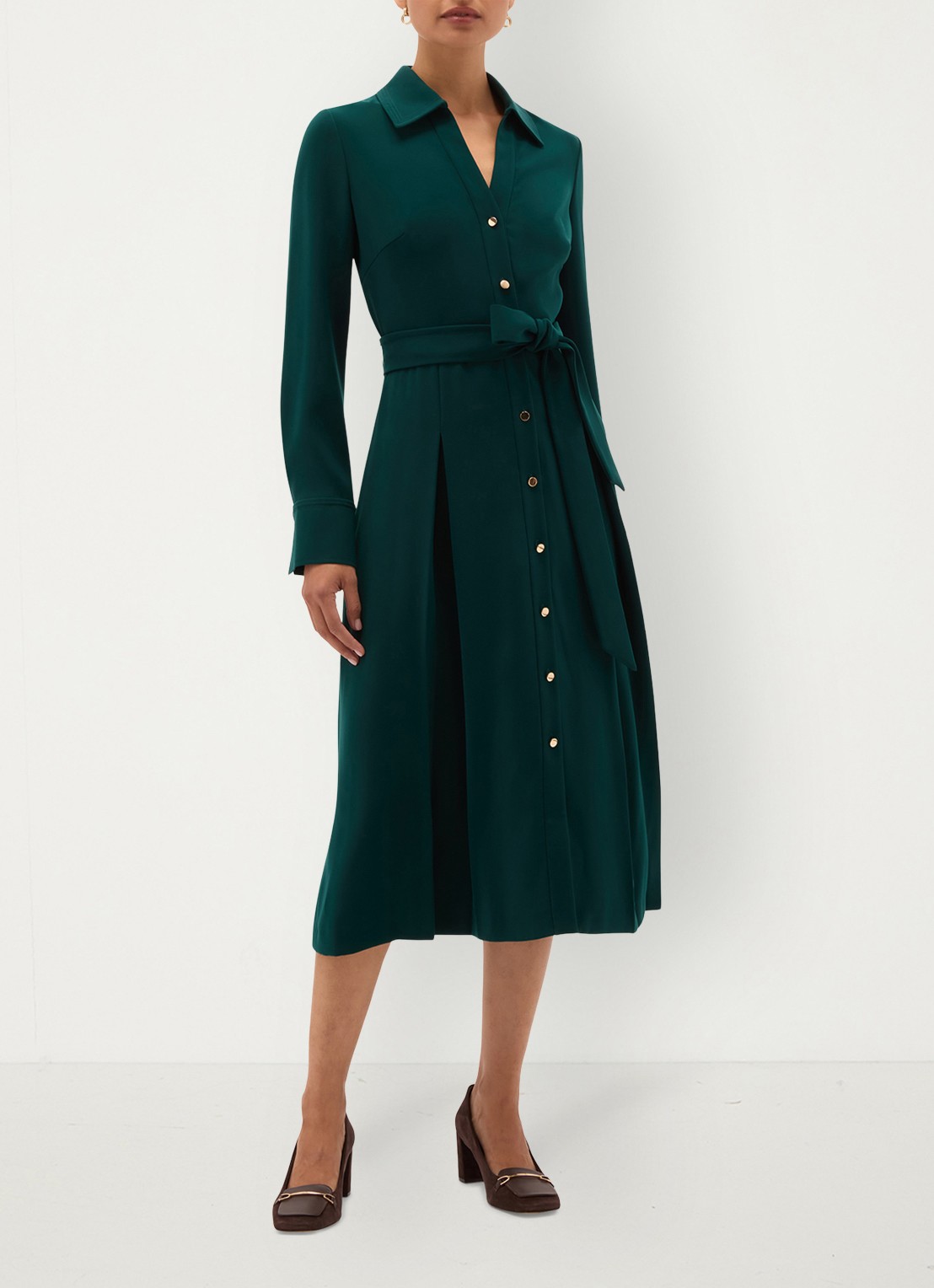 Hobbs Mylie midi blouse jurk met ceintuur - voorkant 2 groen