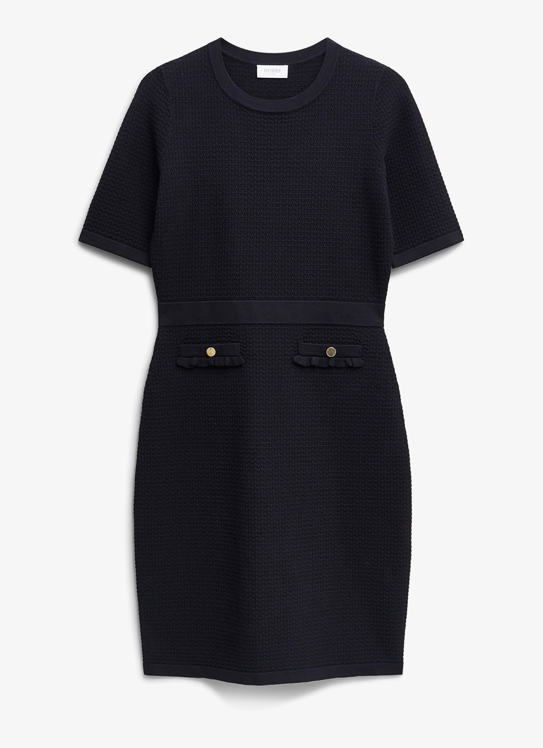 Hobbs Petra fijngebreide mini jurk met sierknopen - voorkant donkerblauw