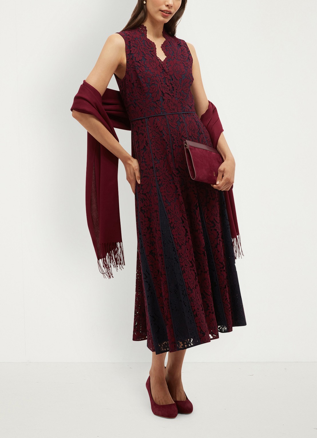 Hobbs Quin midi jurk met details van kant - detail 3 donkerrood