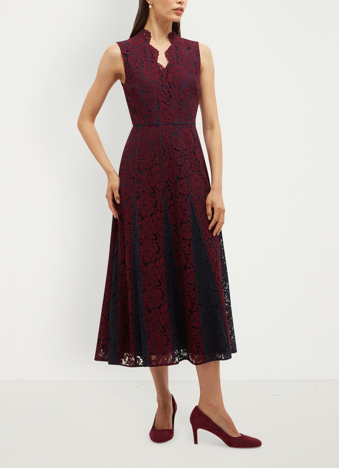 Hobbs Quin midi jurk met details van kant - voorkant 2 donkerrood